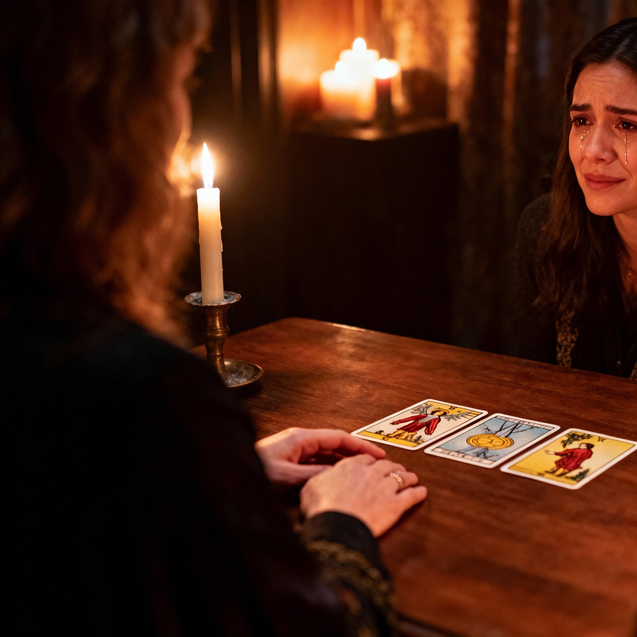 During a consultation, a client shows an expression of relief and clarity. The scene is viewed from over the psychic's shoulder, with tarot cards and warm candlelight in the foreground.