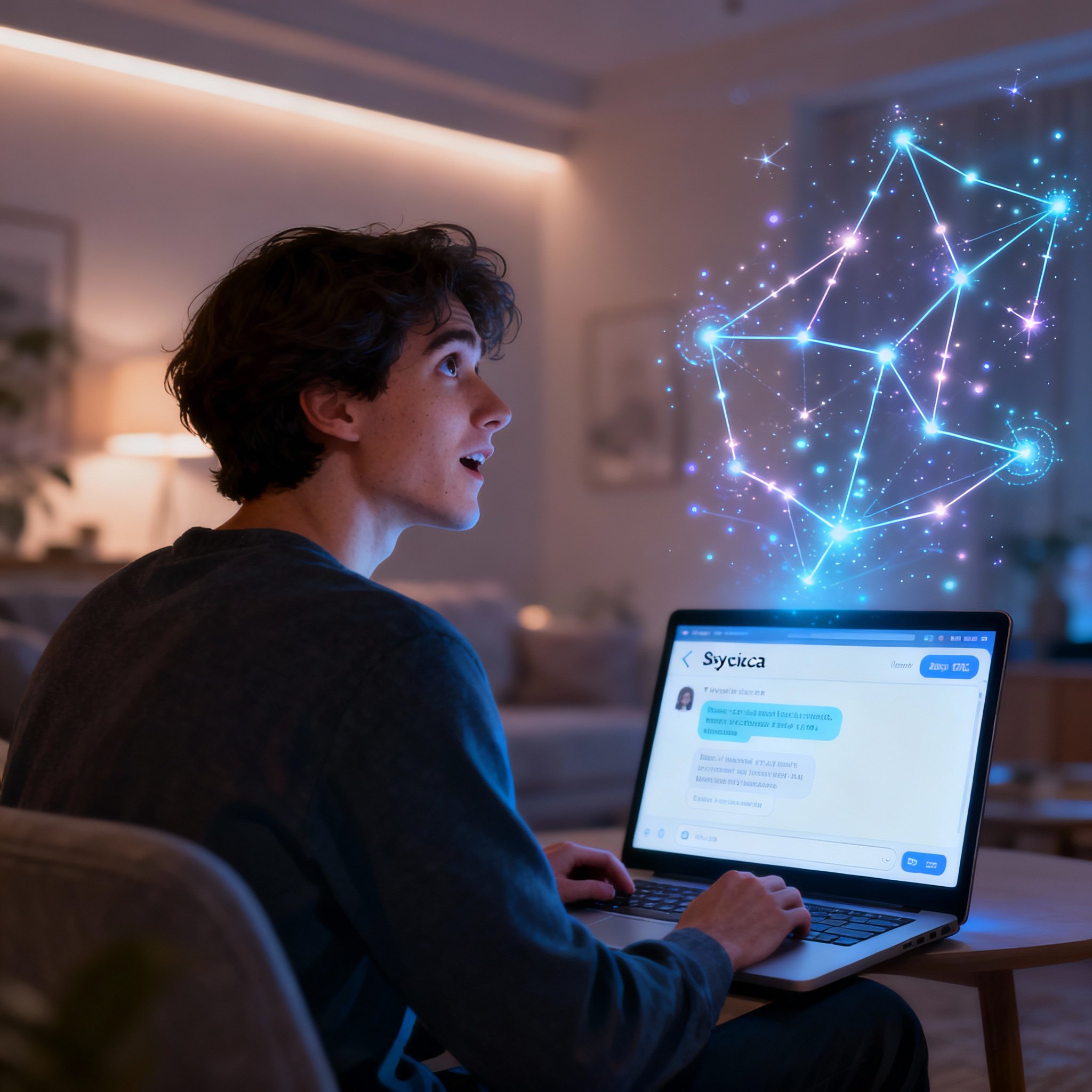 A user looks at a psychic chat interface on a laptop. Glowing lines and constellations, representing data and insights, emerge from the screen. The user has an expression of realization.