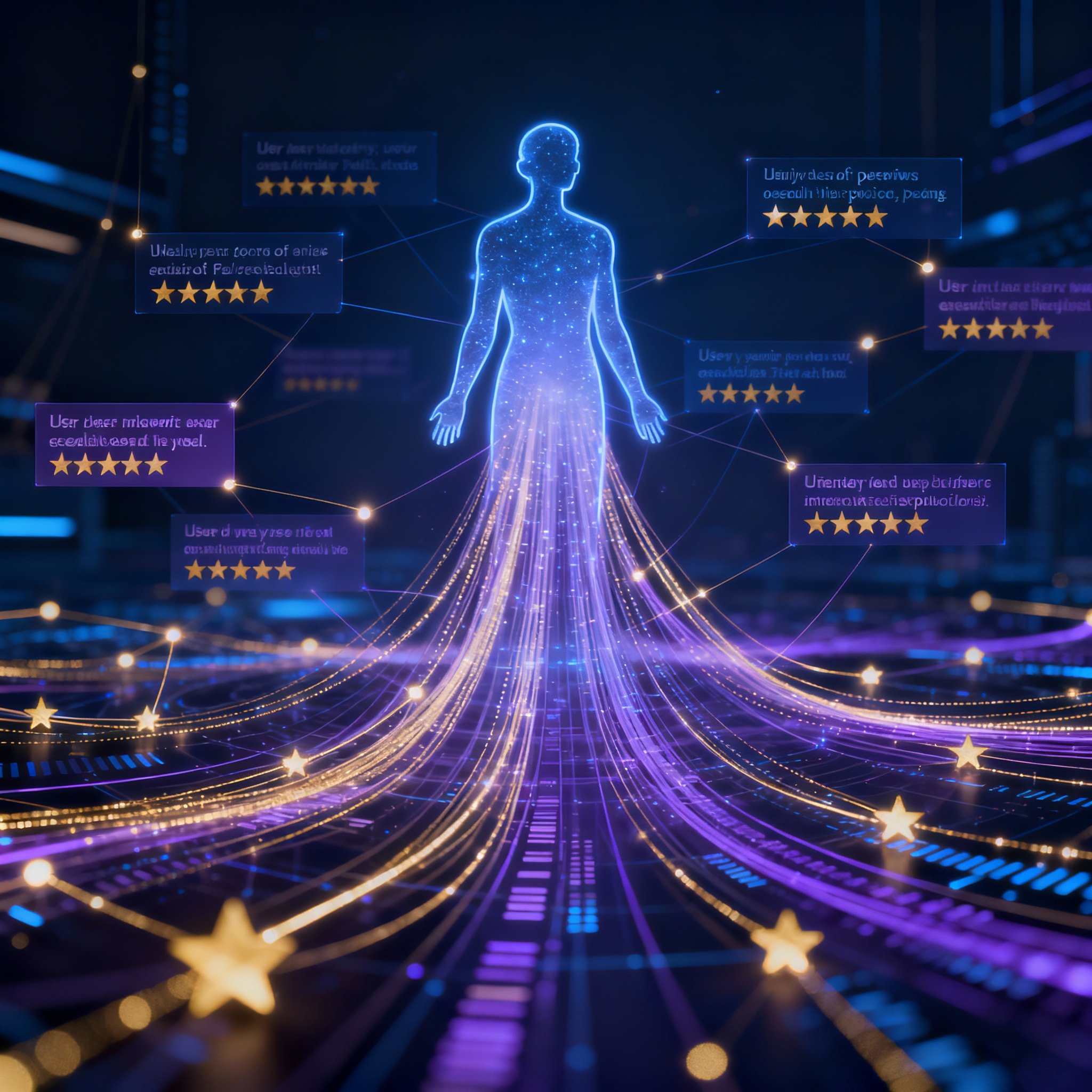 A conceptual image illustrating the process of extracting insights from numerous user reviews. Luminous data points and text fragments converge to form a clear analysis of psychic Cynthia's abilities.