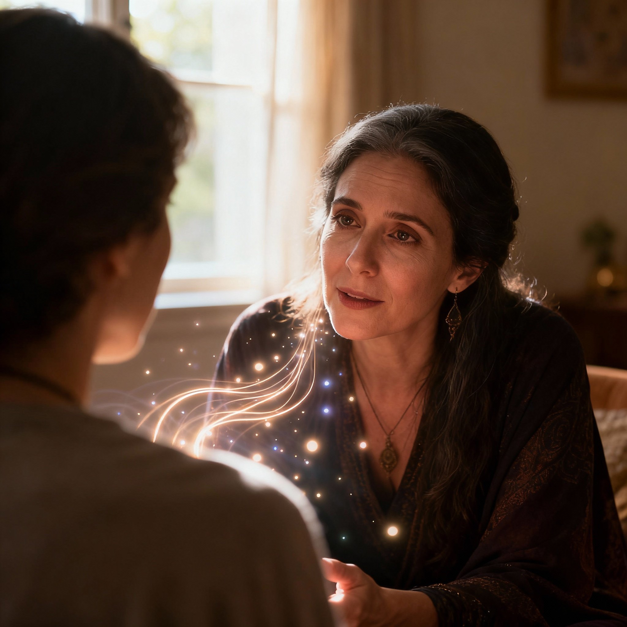 A scene of a psychic consulting with a client. The client is seen in side-profile, while the psychic listens intently. Abstract lines of soft light flow between them, symbolizing deep insight and emotional connection.