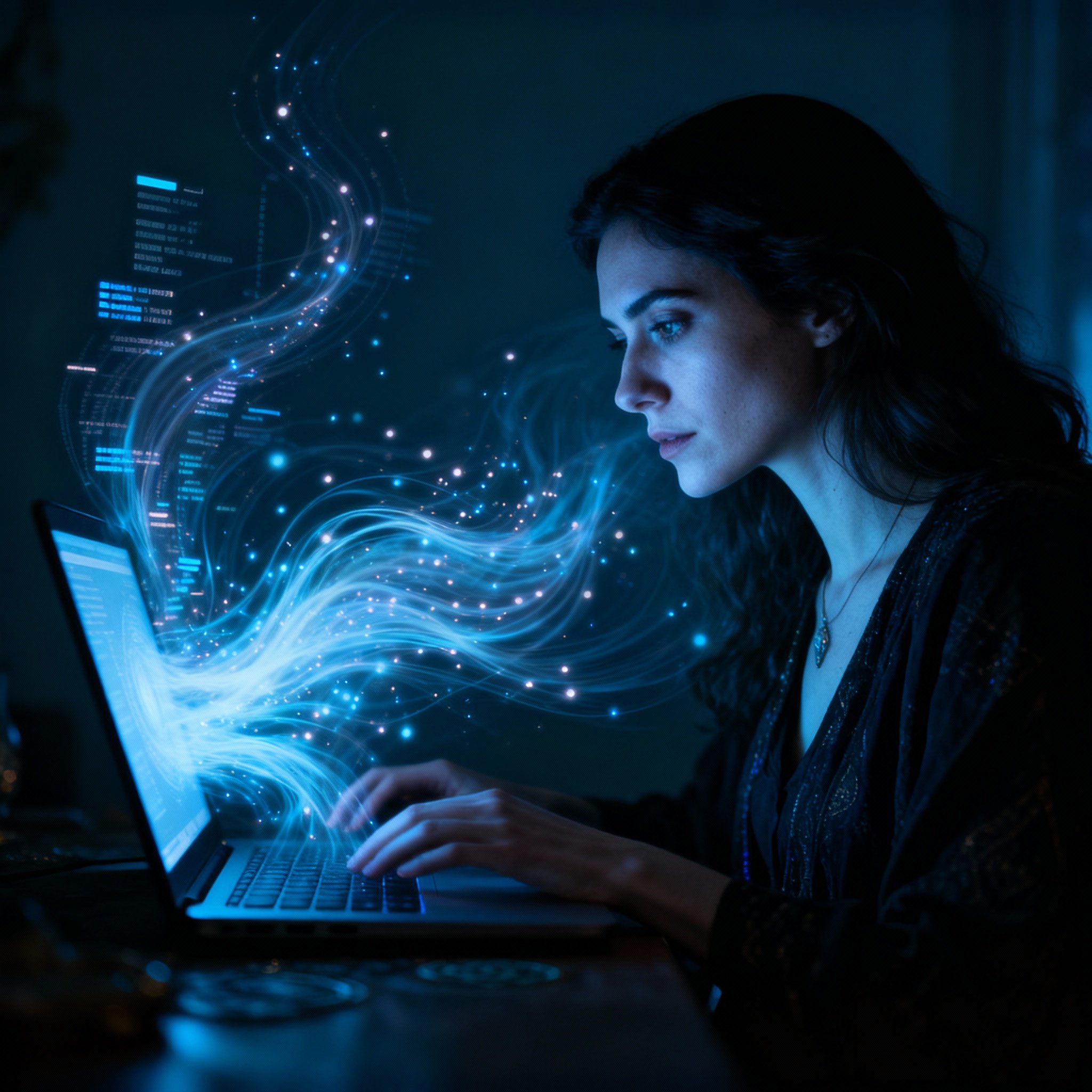 A side-view of a psychic in deep concentration during an online consultation. Abstract streams of energy and data flow from her laptop screen towards her, symbolizing her quick, intuitive grasp of information.