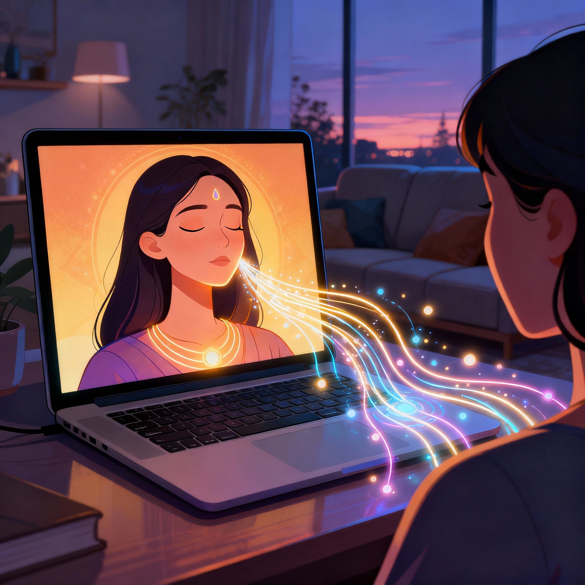 An illustrative scene of a consultation, showing the psychic on a screen during a video call with a client. Her eyes are closed and a hand is gently by her temple as if sensing energy, with abstract golden light flowing around her, symbolizing the information she is interpreting.