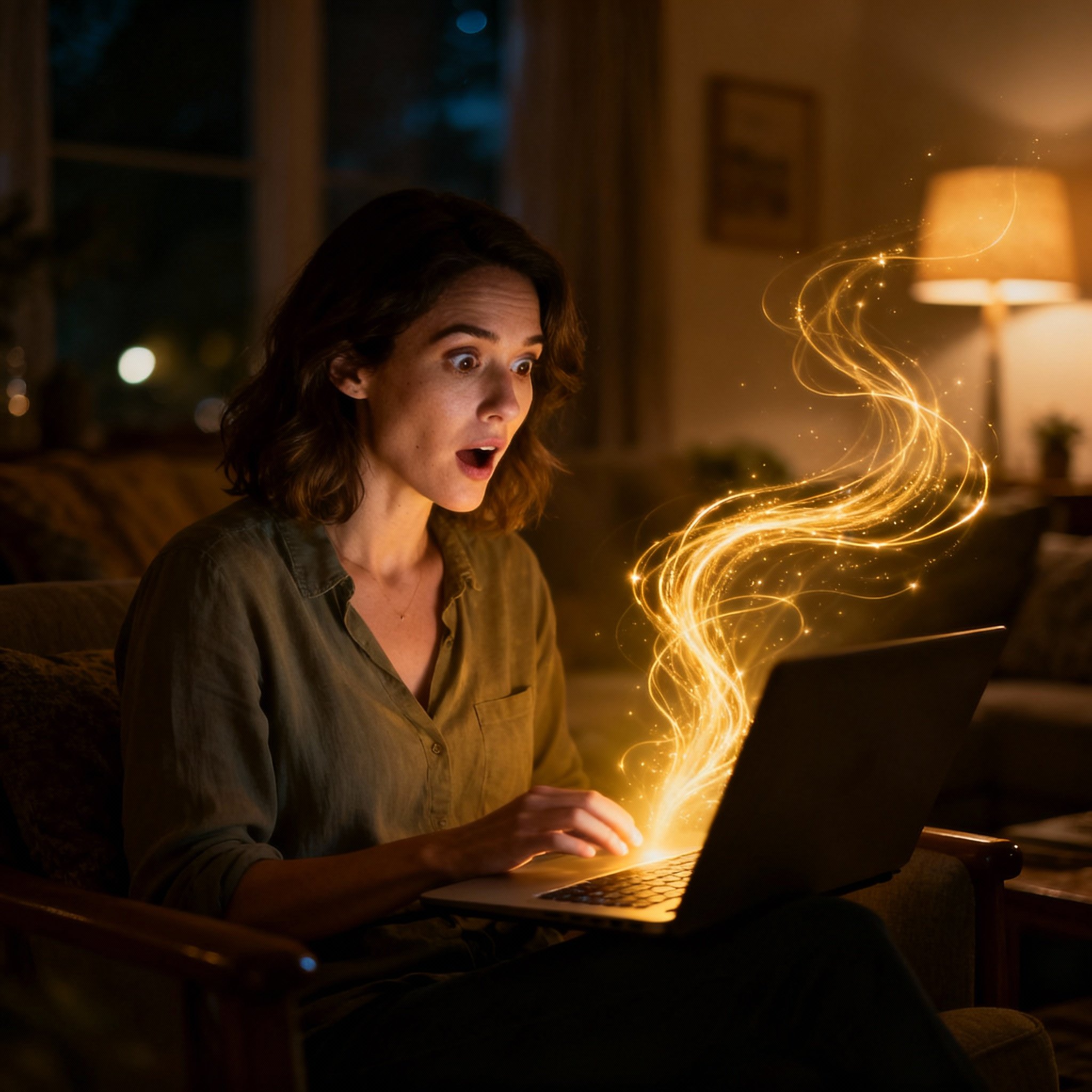 A female user sits in a dimly lit room, staring at her laptop screen with an expression of surprise and dawning realization. An abstract, glowing stream of energy flows from the screen, illuminating her face, symbolizing the profound insight from Psychic Nick.