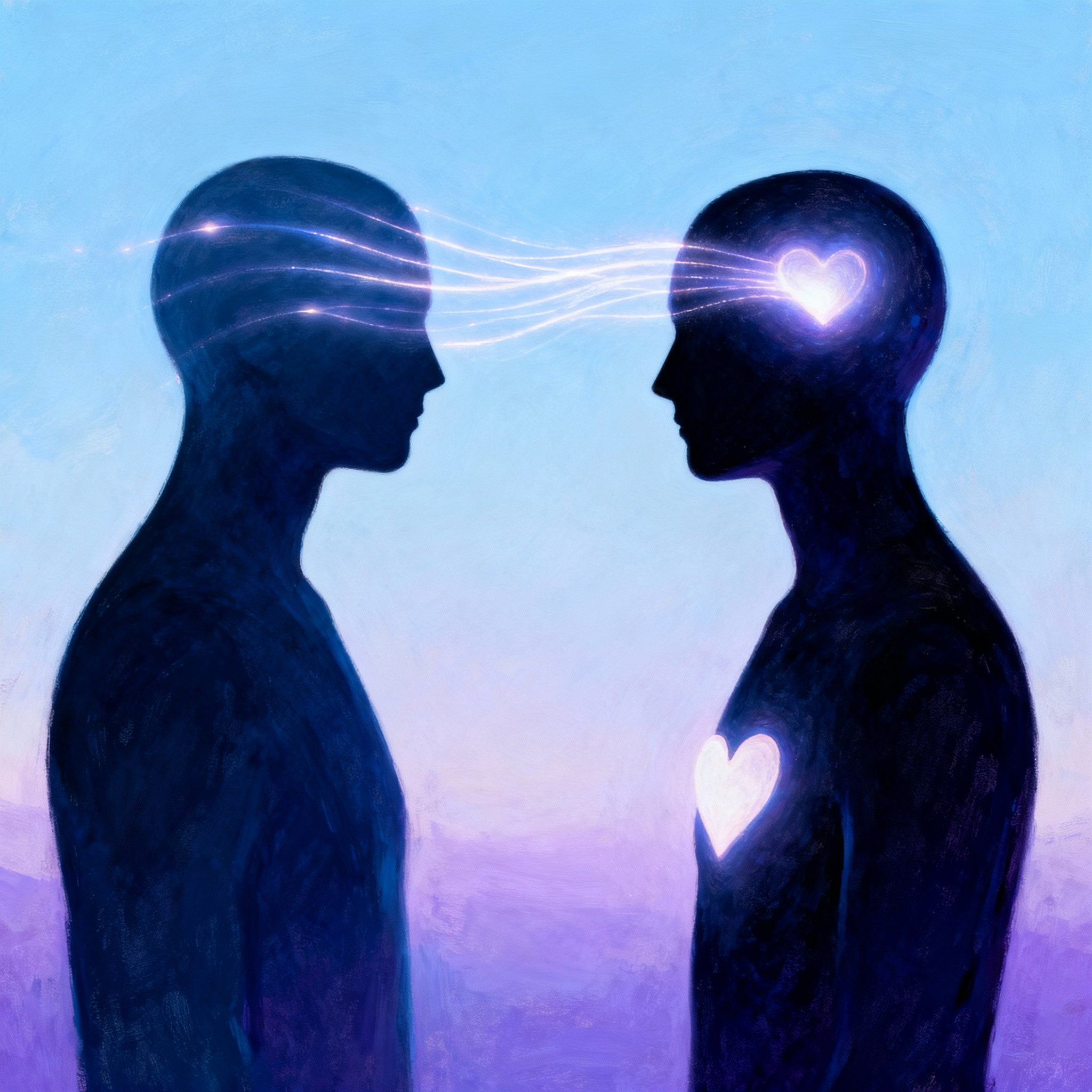 Conceptual art depicting the energetic interaction between a psychic advisor and a client. Soft light flows from the advisor's hands towards the client's heart chakra, symbolizing anxiety relief and gaining clarity.