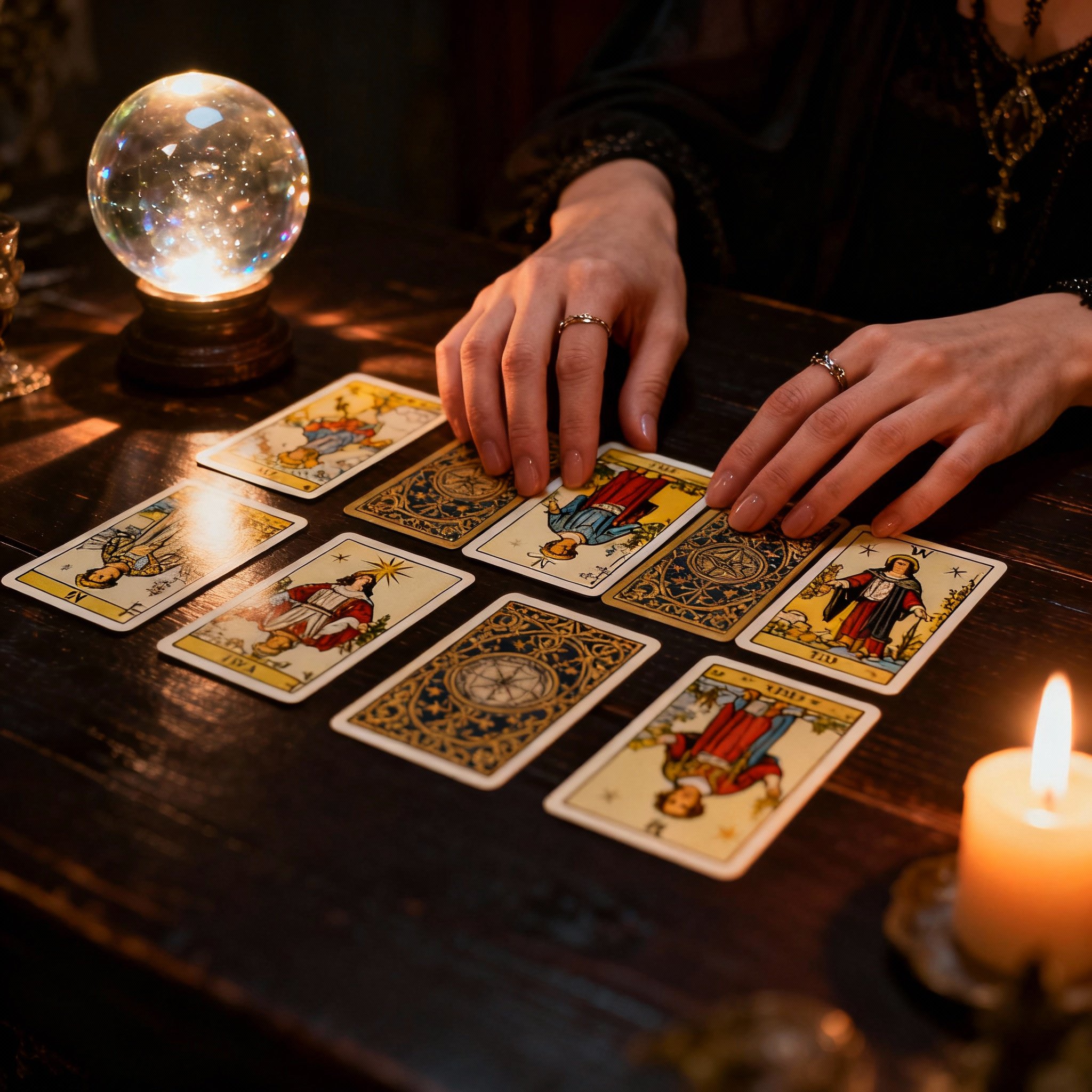 A client's perspective of a psychic's hands elegantly laying out Tarot cards. Next to them, a crystal ball emits a soft glow, symbolizing the moment of gaining clarity in a complex emotional situation.