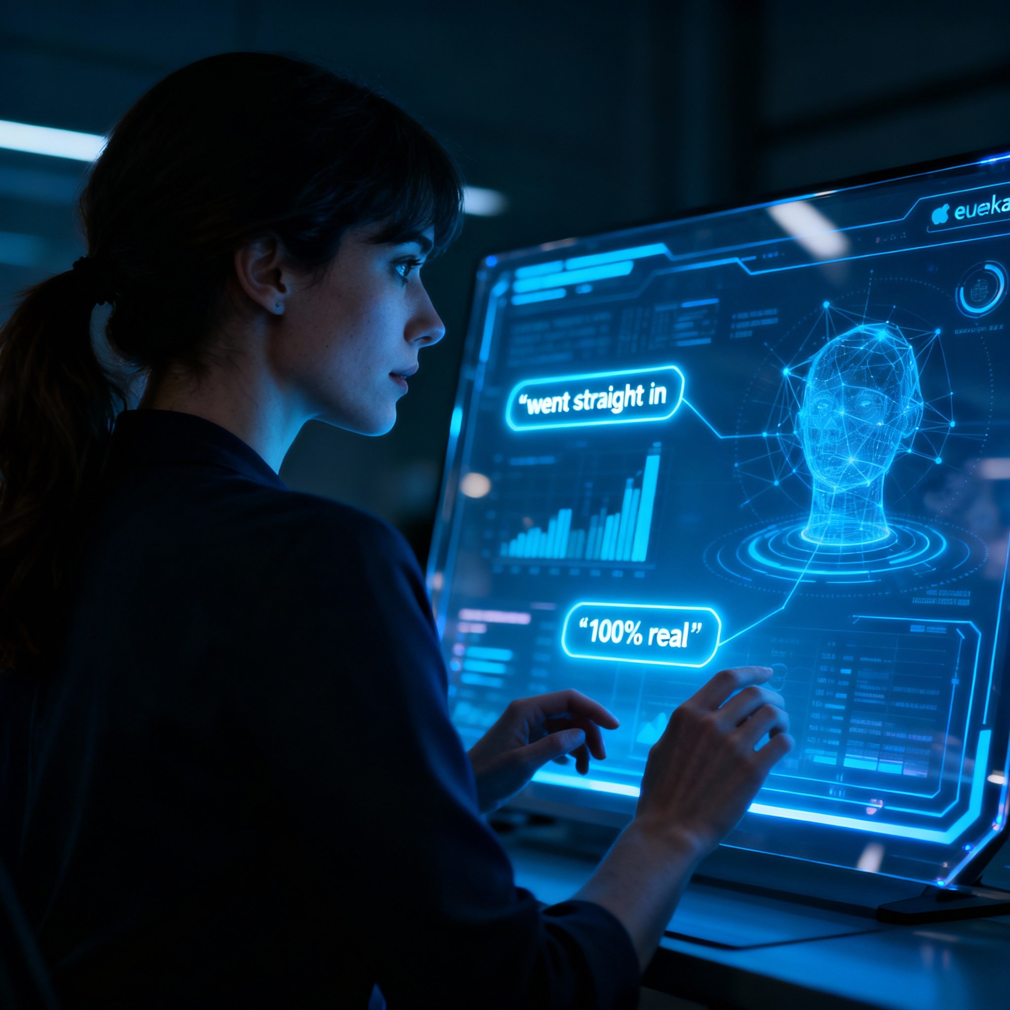 An over-the-shoulder view of an analyst interpreting data streams and user reviews on a transparent screen. The glow from the screen illuminates her focused face, symbolizing the process of extracting deep insights from complex information.