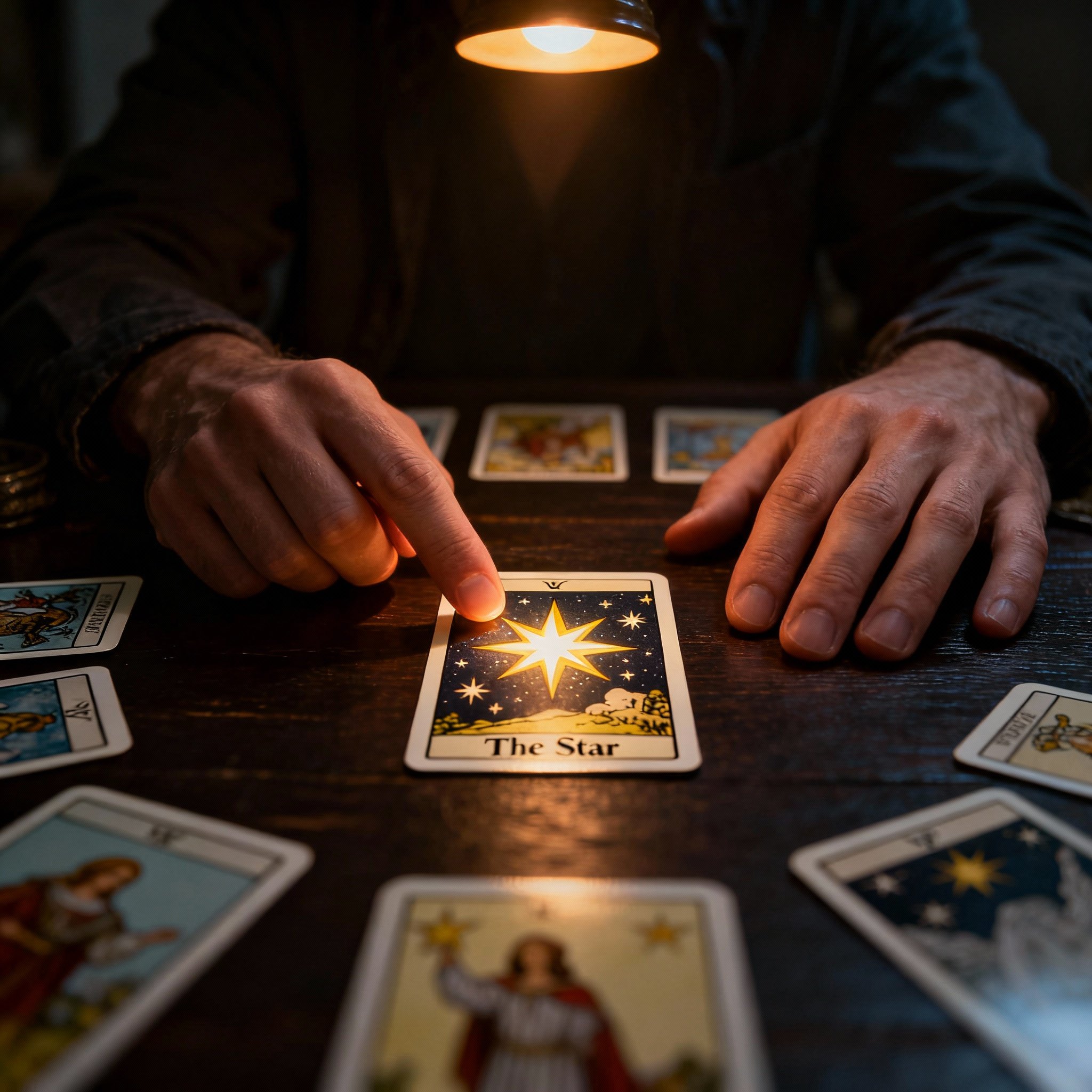 From the client's first-person perspective, Tarot cards are spread on a table. The psychic Yoshua's hand points to a key card, with soft light focusing on it, symbolizing the 'aha moment' and clarity gained during the consultation.