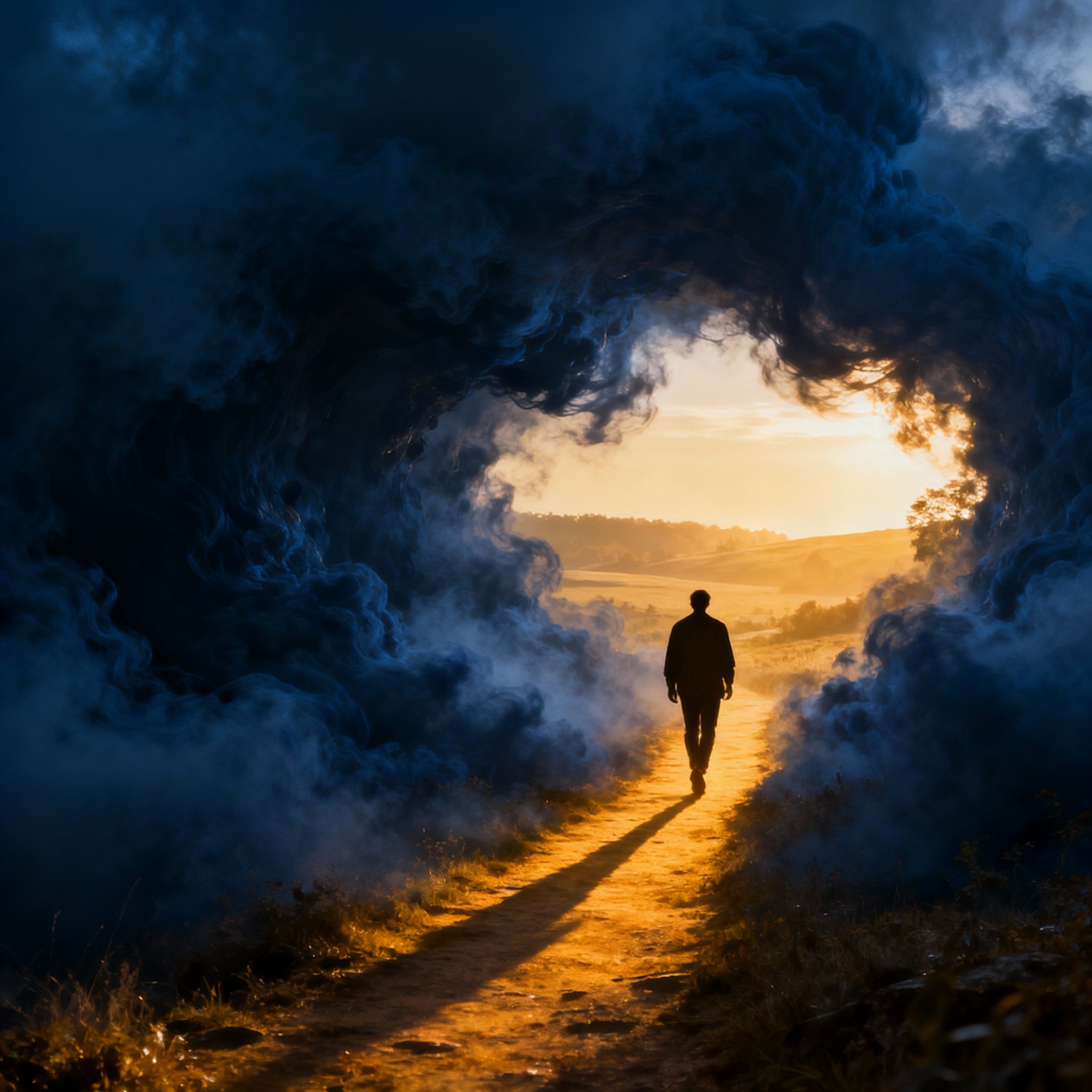 A symbolic image showing the silhouette of a woman walking out of a thick fog and stepping onto a clear path illuminated by golden sunlight, representing the clarity and direction gained after a consultation.