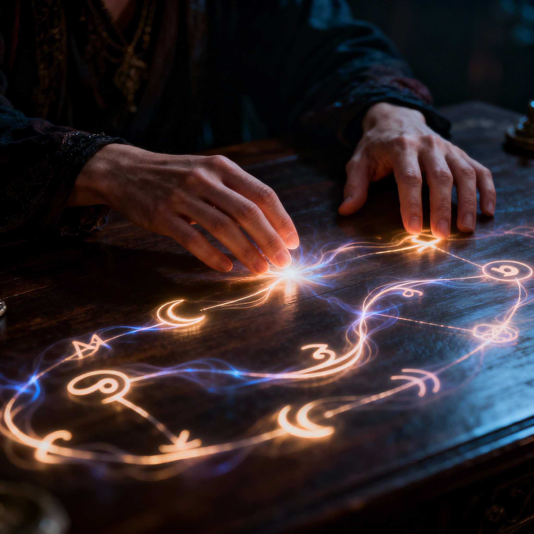 A psychic's hands hovering over a table where glowing, abstract energy lines and symbols flow, symbolizing the interpretation of complex information to provide clear insight for a client.
