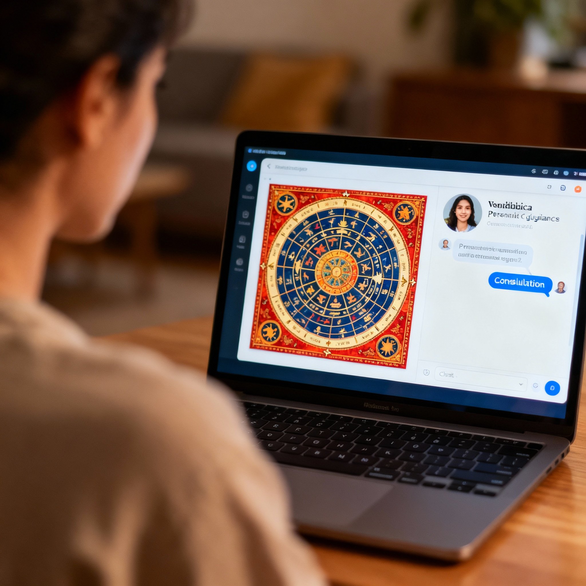 A scene of a consultation, showing a complex Vedic astrology chart and an online chat window on a laptop screen, representing AstroguruIndian interpreting data to provide clear guidance to a client.