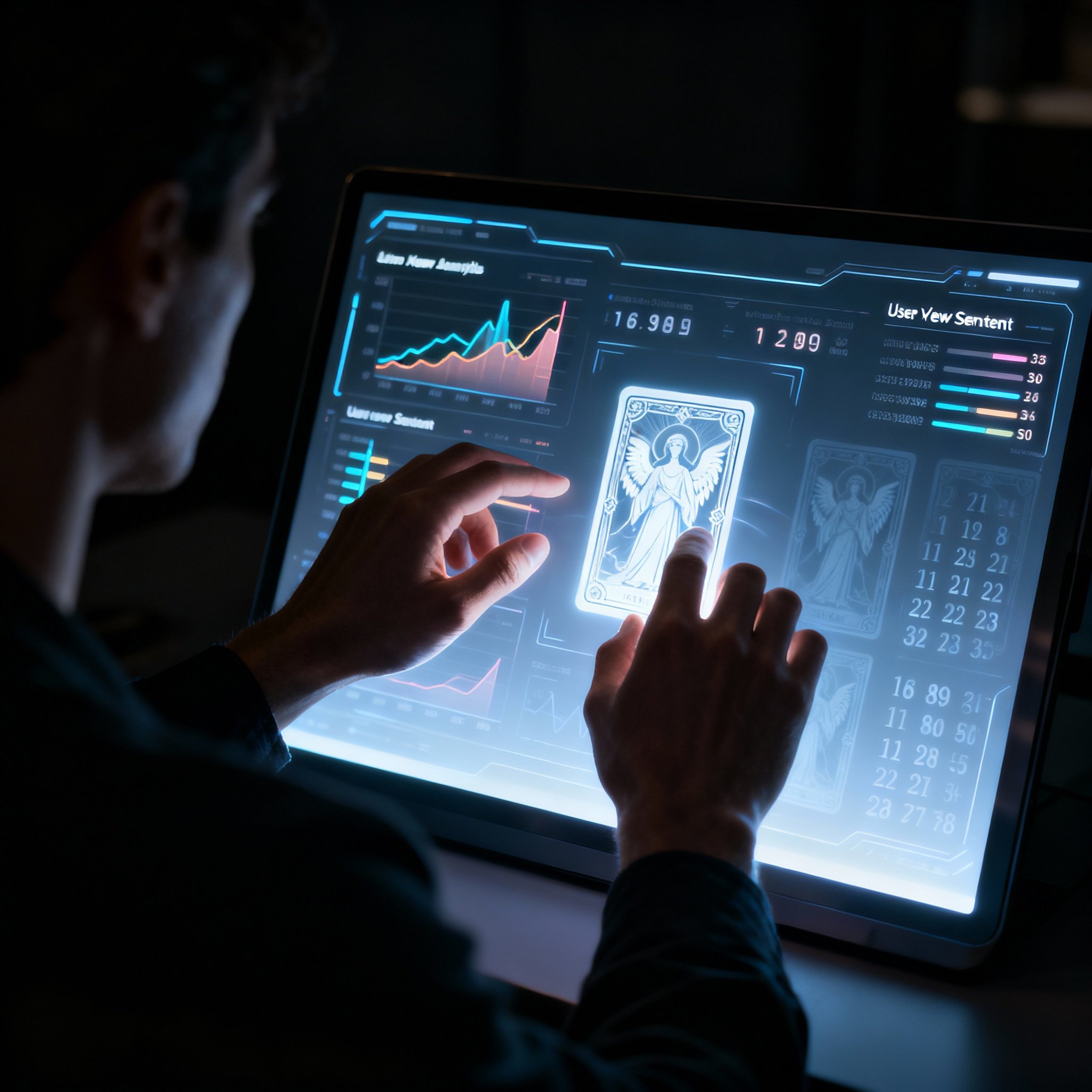 A conceptual image of a psychic interpreting data, where a screen blends user review analytics with glowing numerology symbols.