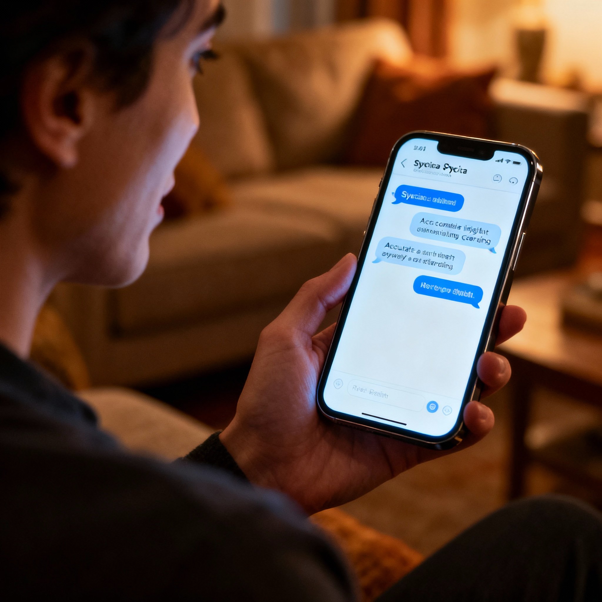 An over-the-shoulder view of a person holding a smartphone, displaying a chat consultation with a psychic. The user has an expression of clarity and relief, capturing the moment of receiving an accurate insight via text message.