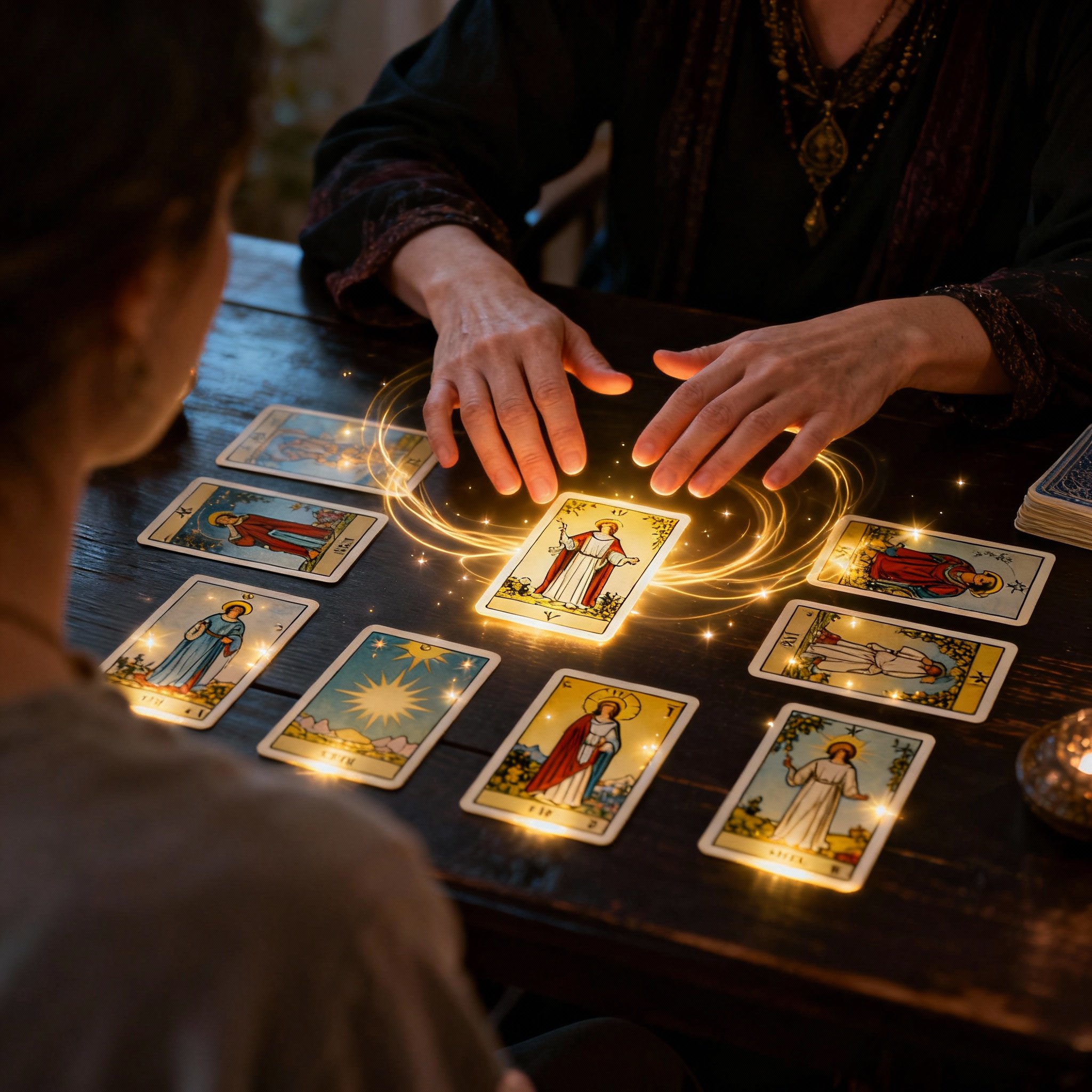 An over-the-shoulder view of a consultation session. Tarot cards on the table glow softly as the psychic's hand points to one, symbolizing clarity gained in a complex interaction.