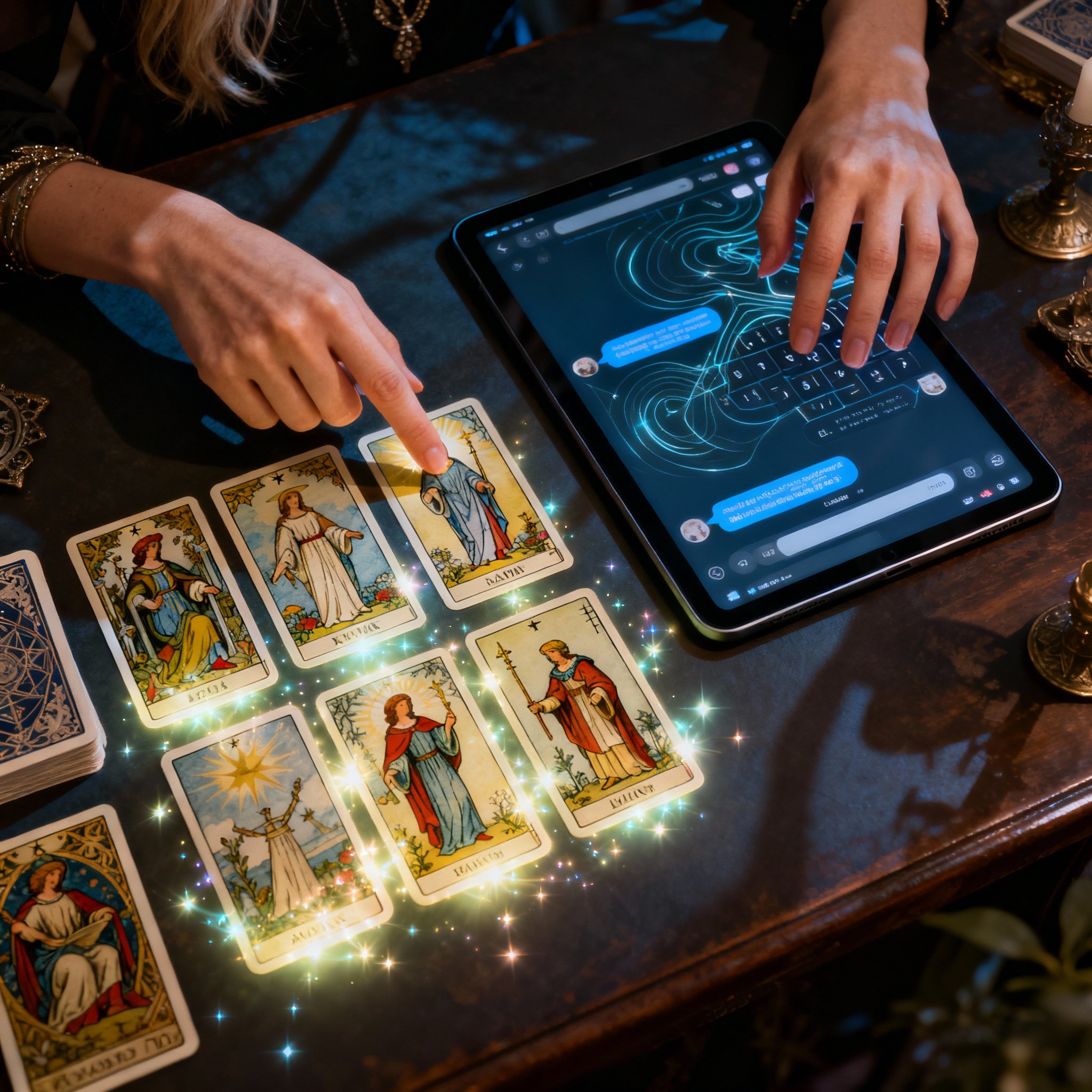 A top-down view of a consultation scene, with glowing tarot cards spread on a table next to a tablet displaying a chat interface, symbolizing the fusion of intuitive insight and online data interpretation.