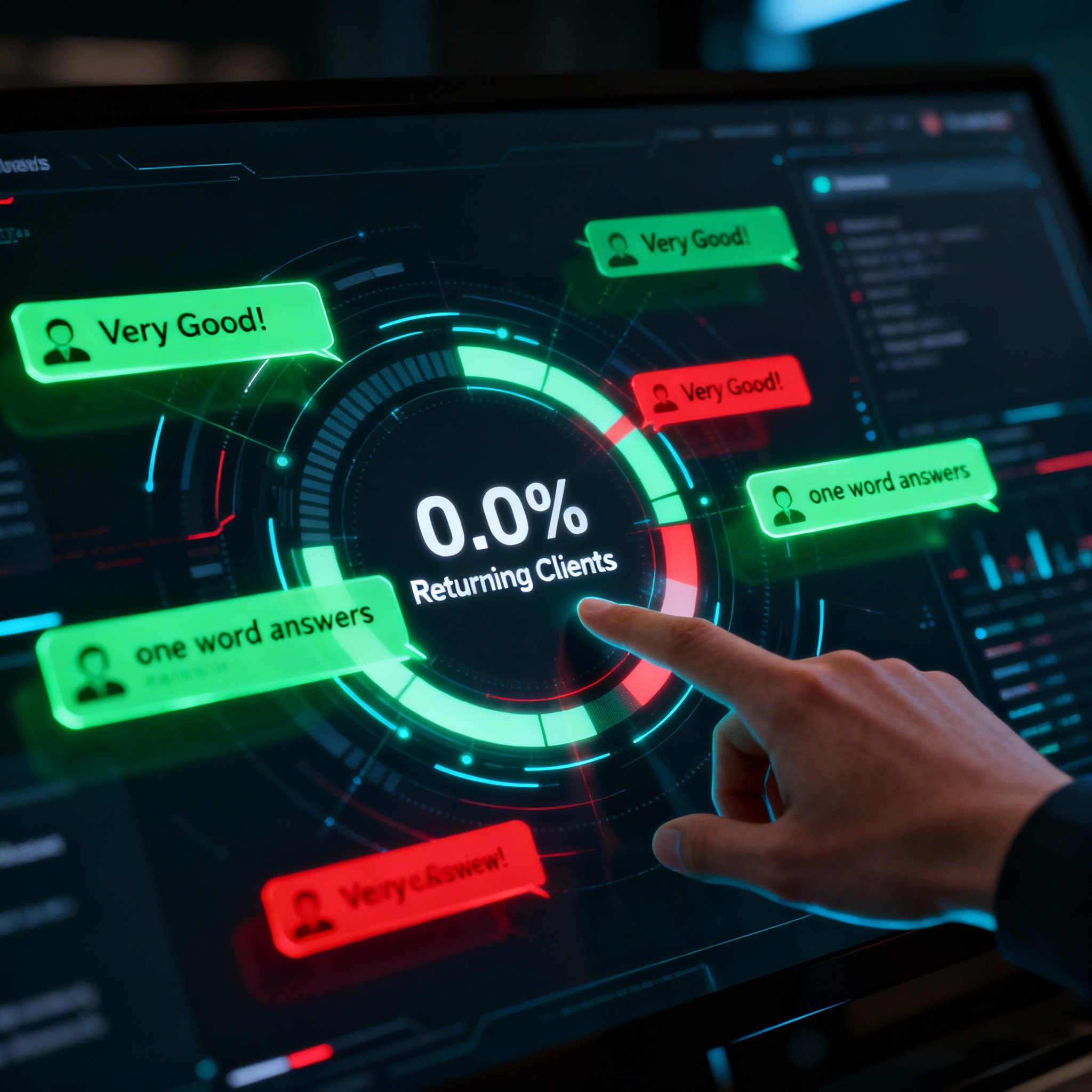 A modern data visualization interface showing sentiment analysis of user reviews, with both positive and negative feedback, and a prominent '0% Client Retention' chart, representing deep insight into the service.