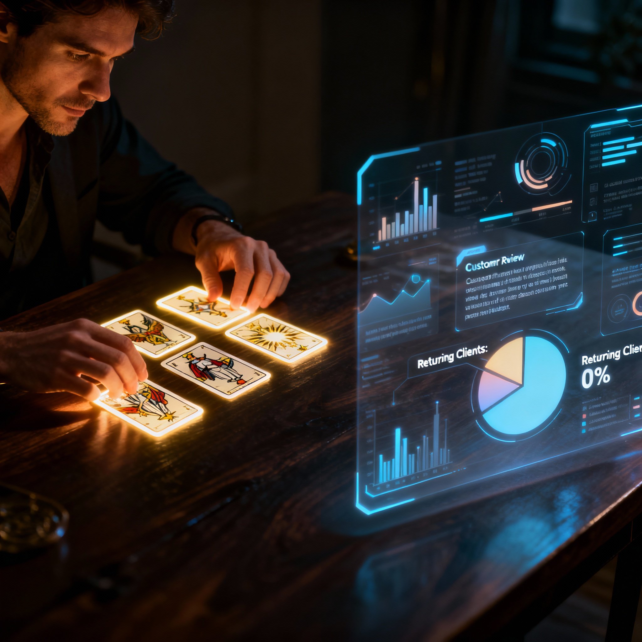 A conceptual image showing a psychic's hands interpreting tarot cards on the left, juxtaposed with a floating digital interface on the right displaying user reviews and data analytics charts, symbolizing the combination of psychic insight and data validation.
