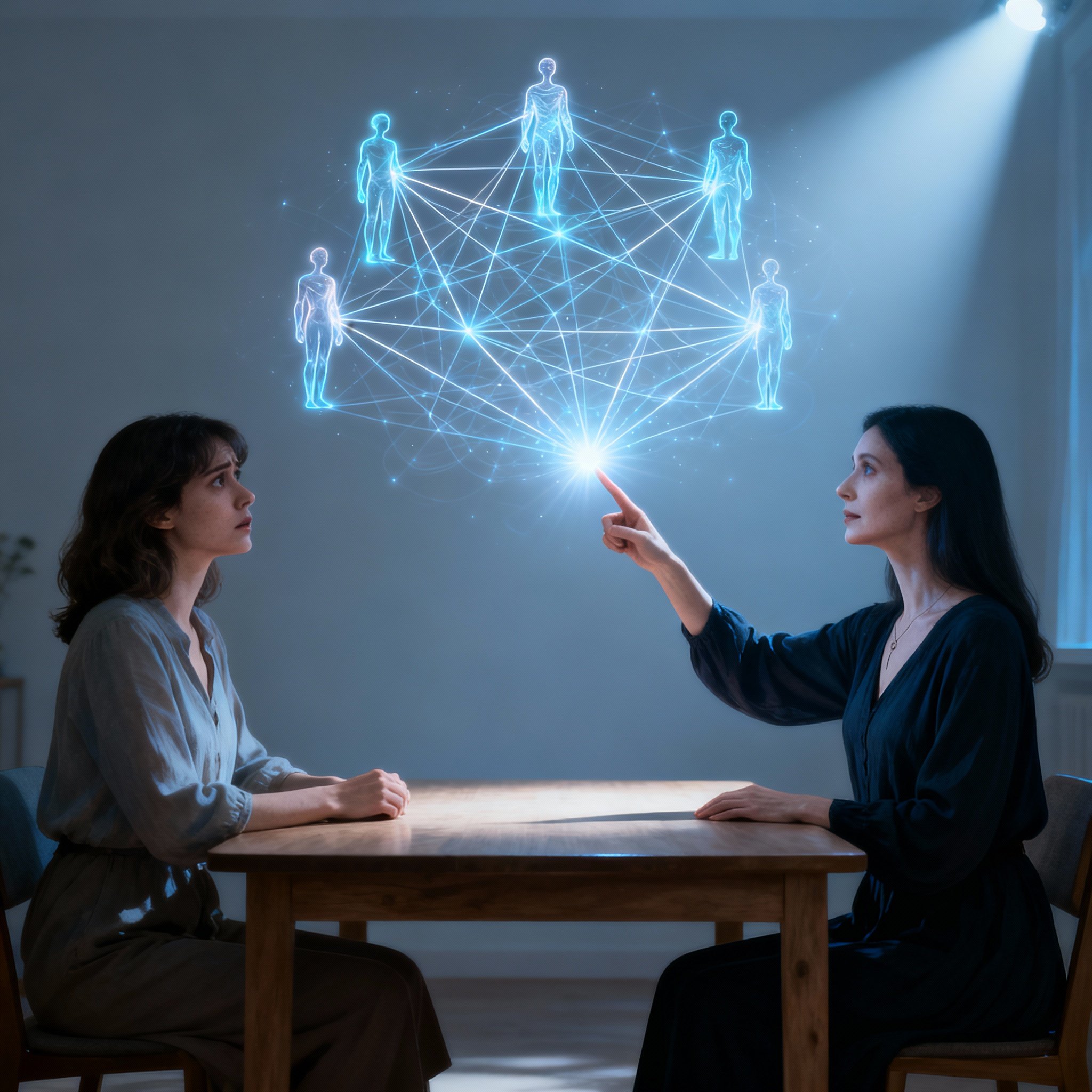 A symbolic scene where a client sits across from a psychic. Between them is a glowing, abstract web representing complex relationships. The psychic is pointing to one of the threads, making it clear and bright, symbolizing the insight and clarity she provides.