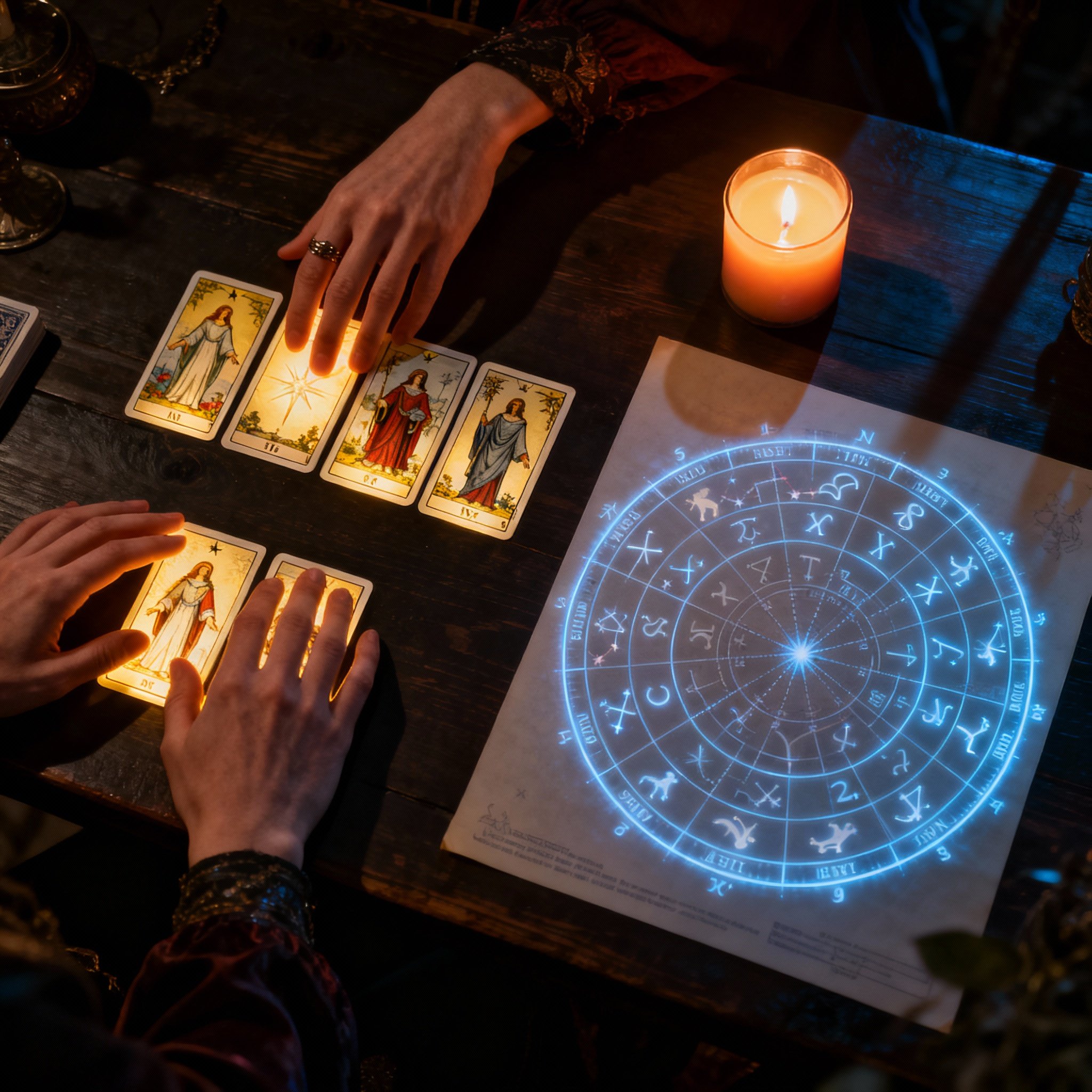On a wooden table, an intricate astrological chart and several tarot cards are laid out. A pair of warm hands points to a detail on a card, with soft candlelight nearby, creating an atmosphere of focus and insight.