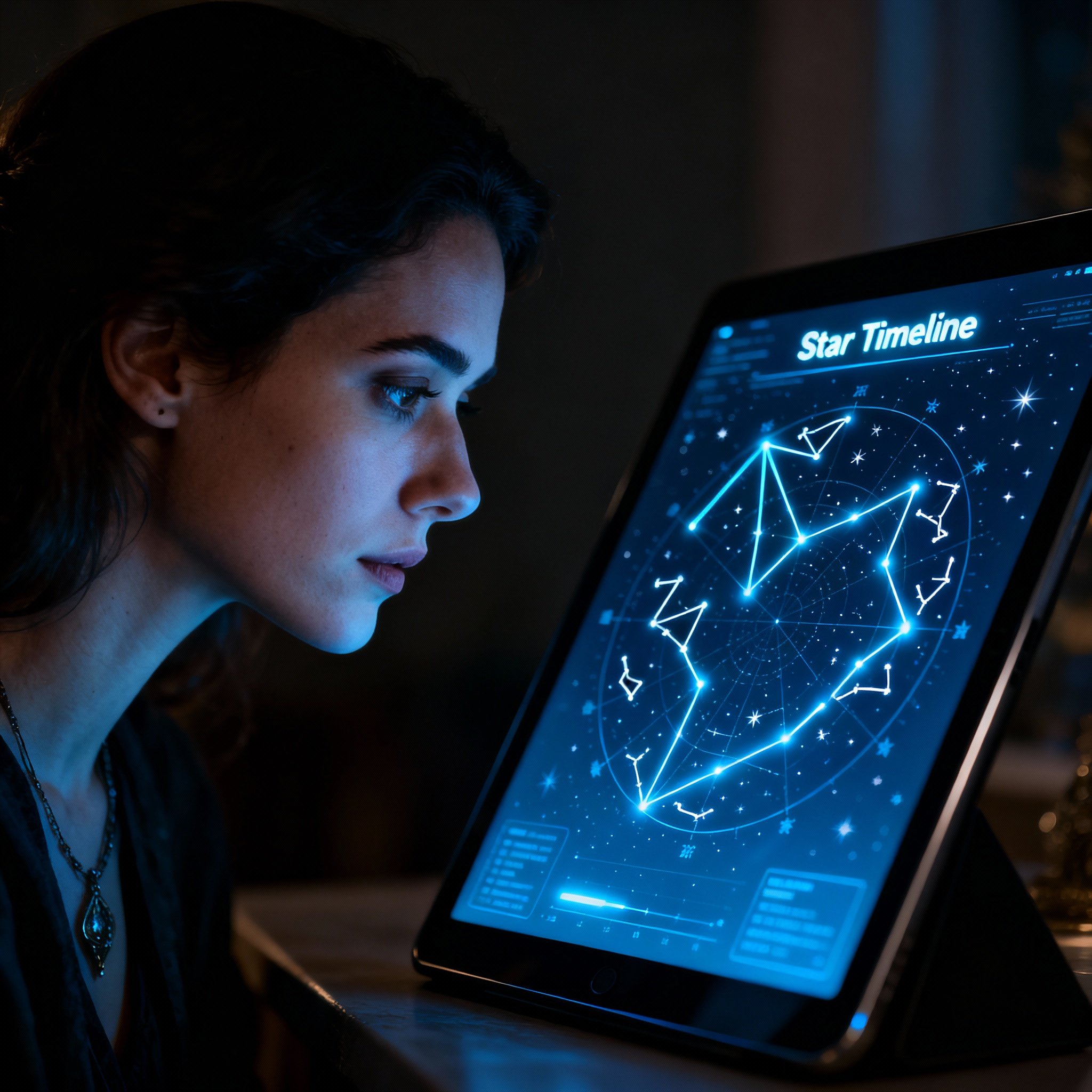 A psychic advisor interpreting a glowing 'Star Timeline' chart on a screen, composed of constellations and light paths, illustrating her unique method of consultation.