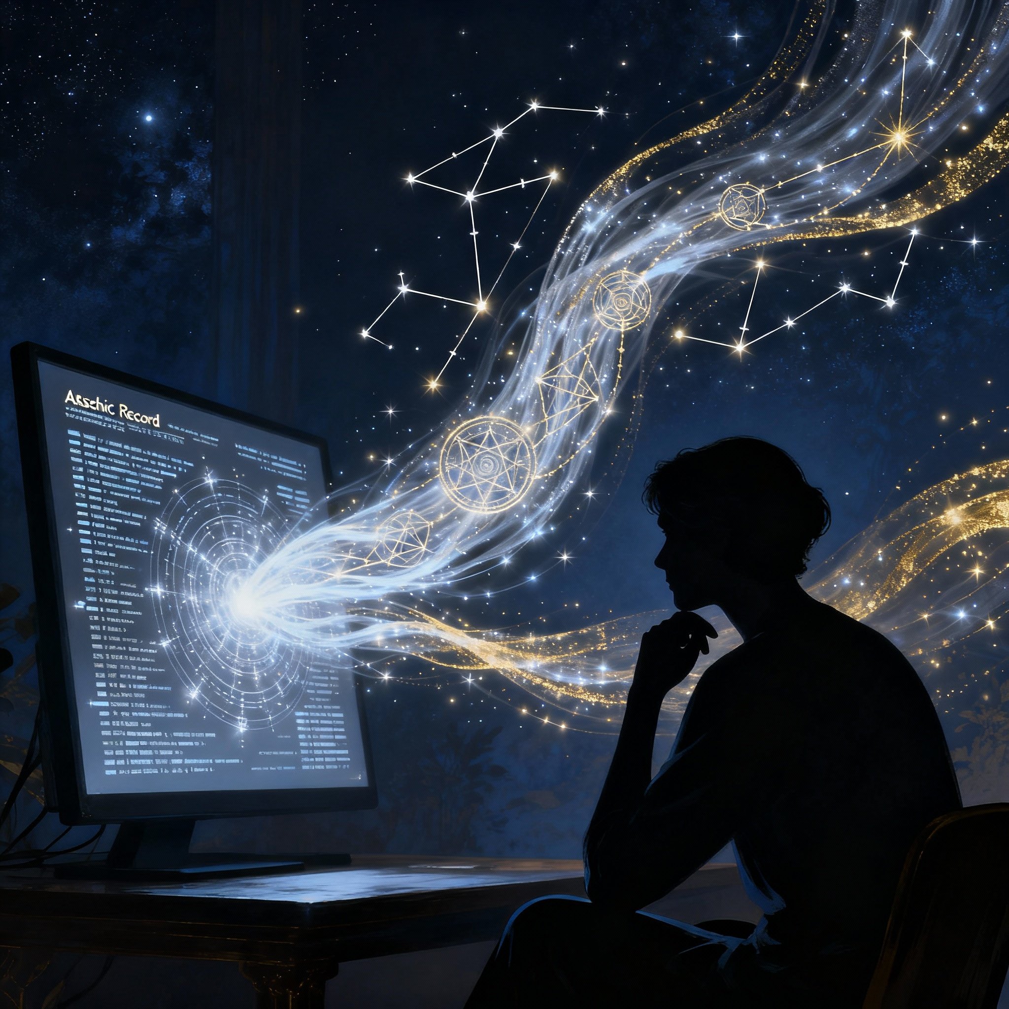 An abstract artistic scene depicting a spiritual consultation. A person's silhouette interacts with a luminous cloud of energy composed of constellations, galaxies, and glowing data lines, symbolizing access to the Akashic Records and deep insights into complex relationships and life paths.