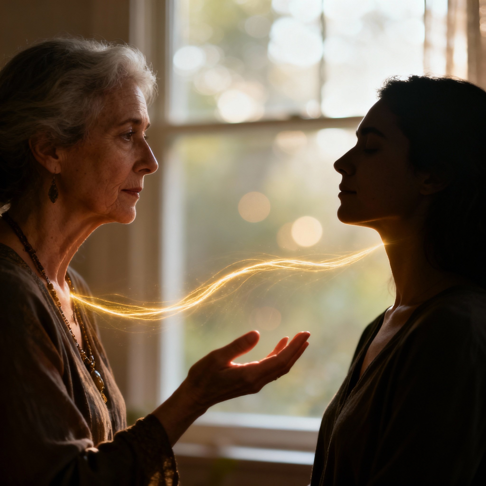 A scene of a psychic consulting with a client, where a soft beam of light, symbolizing an epiphany, connects them, and the client's face shows a moment of clarity.