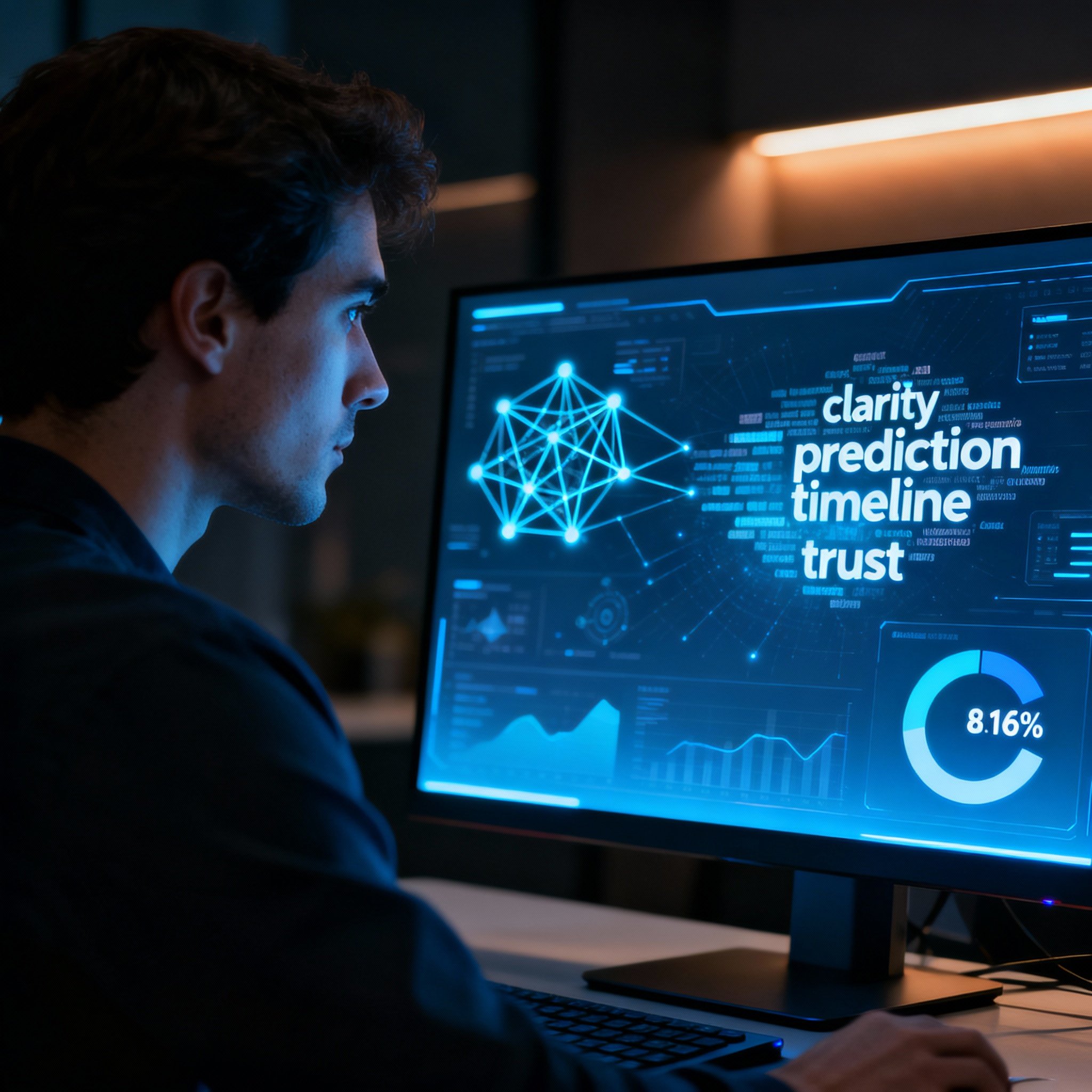 An over-the-shoulder view of a consultant analyzing user data on a screen. The screen displays abstract charts, percentages, and emotional keywords like 'clarity,' 'trust,' and 'timeline,' with the light illuminating her focused expression.