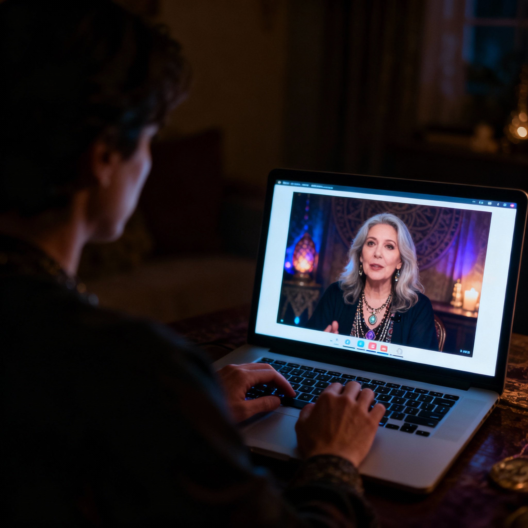 An over-the-shoulder view of a user in an online psychic consultation. The laptop screen shows the advisor's compassionate face, and the screen's glow illuminates the dim room, creating a sense of private, focused interaction.