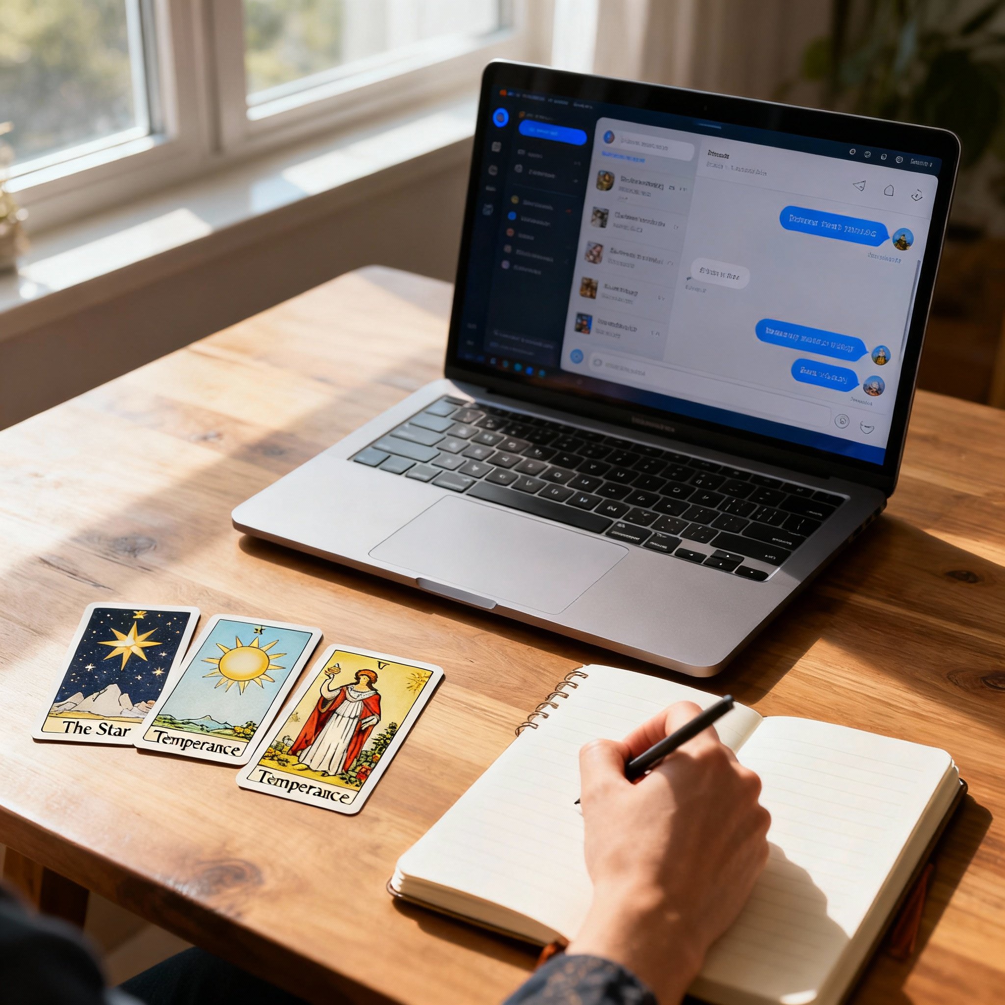 A client's point of view, showing a laptop on a desk with a chat interface open to a psychic advisor. Beside it, several tarot cards are spread out, and a hand is diligently taking notes in a notebook, symbolizing the process of clarifying complex issues through consultation.