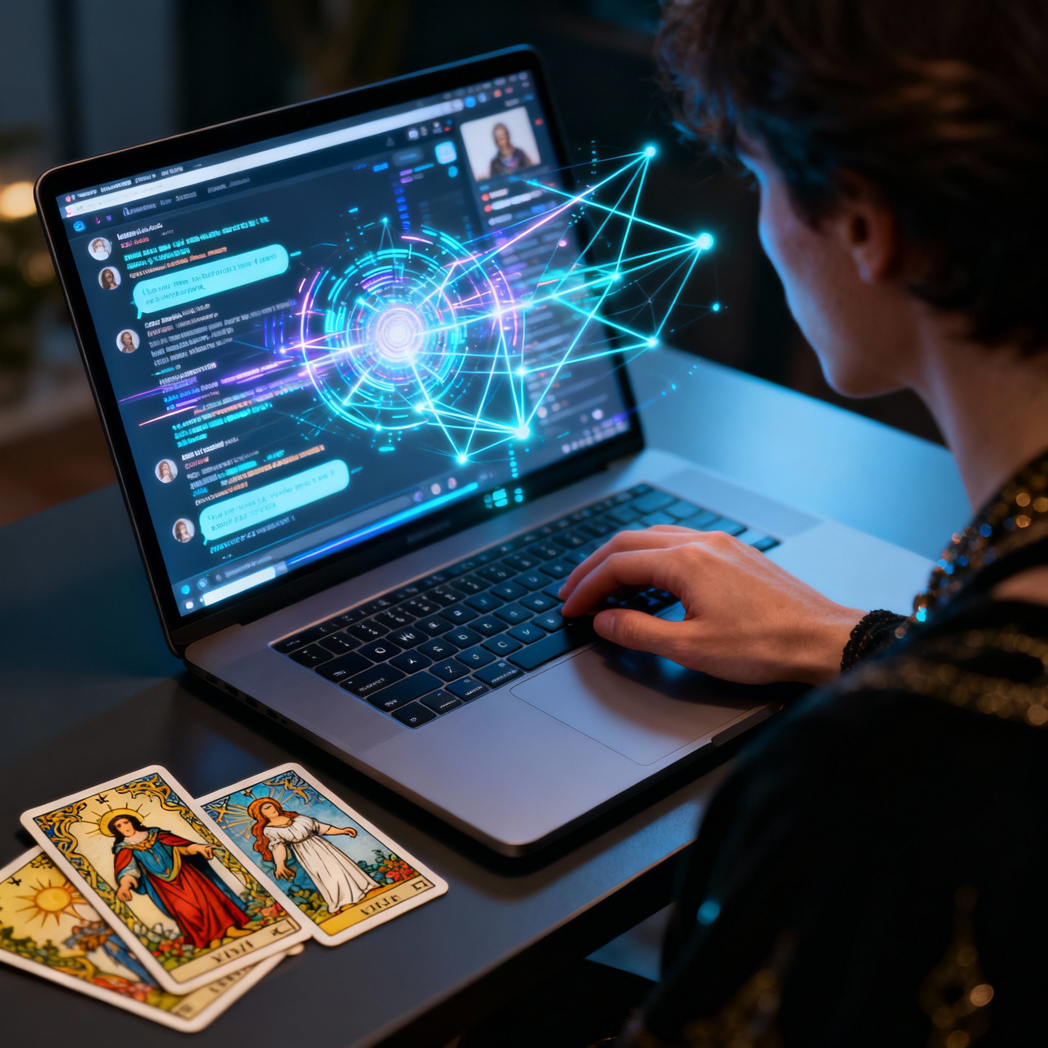 An over-the-shoulder view of a user in an online psychic consultation on a laptop. The screen shows a fast-moving chat log, surrounded by glowing, abstract data visualizations. A few Tarot cards are visible on the desk, symbolizing the fusion of intuition and data analysis.