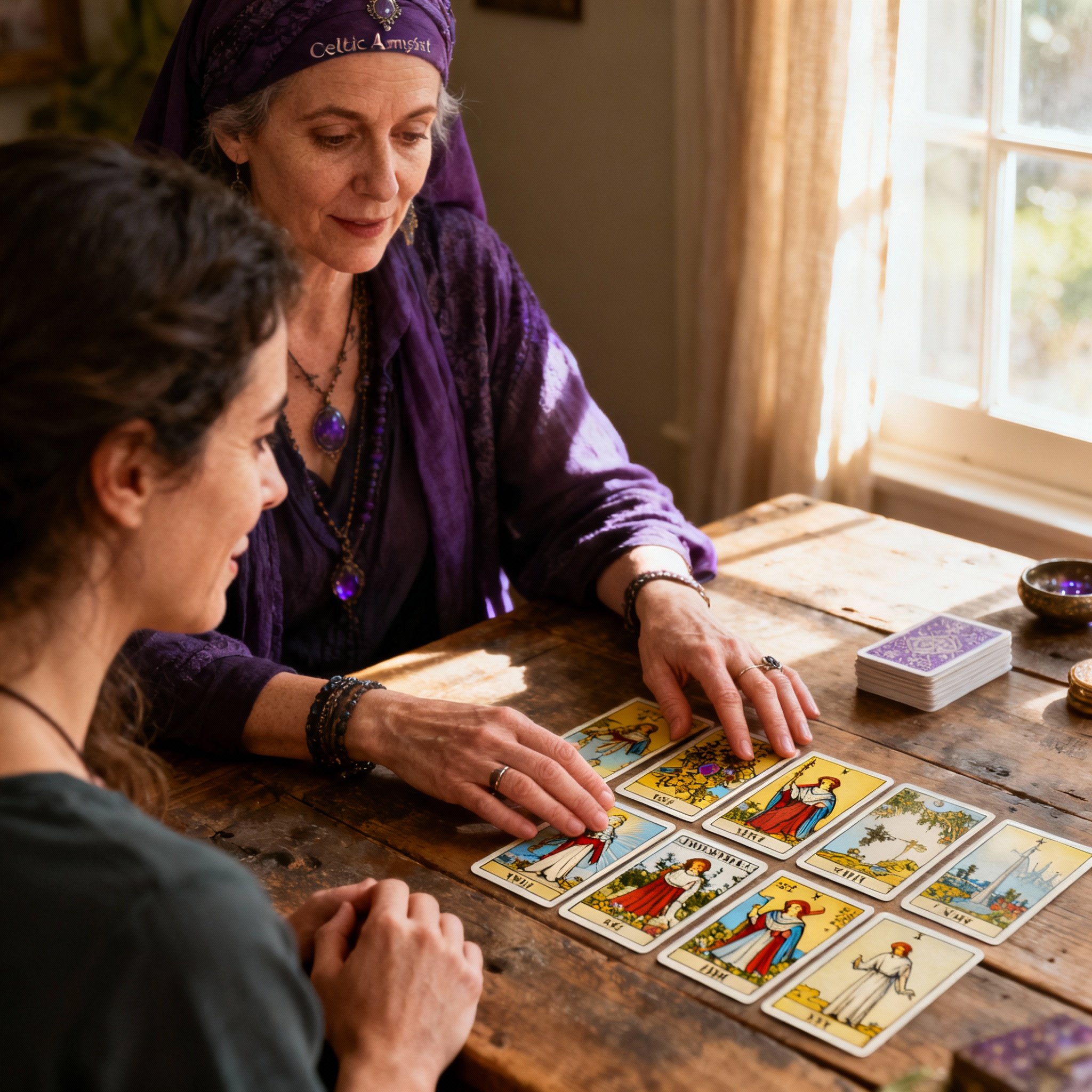 A consultation scene where a psychic is interpreting Tarot cards for a client, whose expression changes from confusion to relief, with the scene filled with warm light and focused interaction.