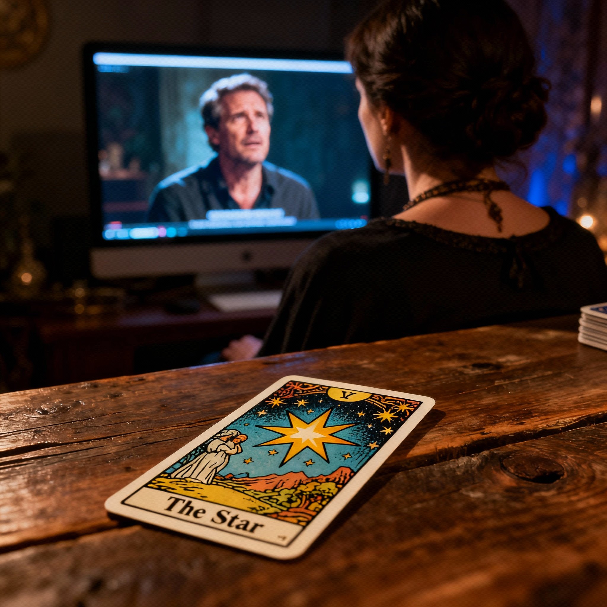 A scene of an online consultation where the psychic, Tia, is focused on delivering an insight, while the client's face shows a transition from skepticism to a moment of revelation. A tarot card in the foreground symbolizes the clarity being received.