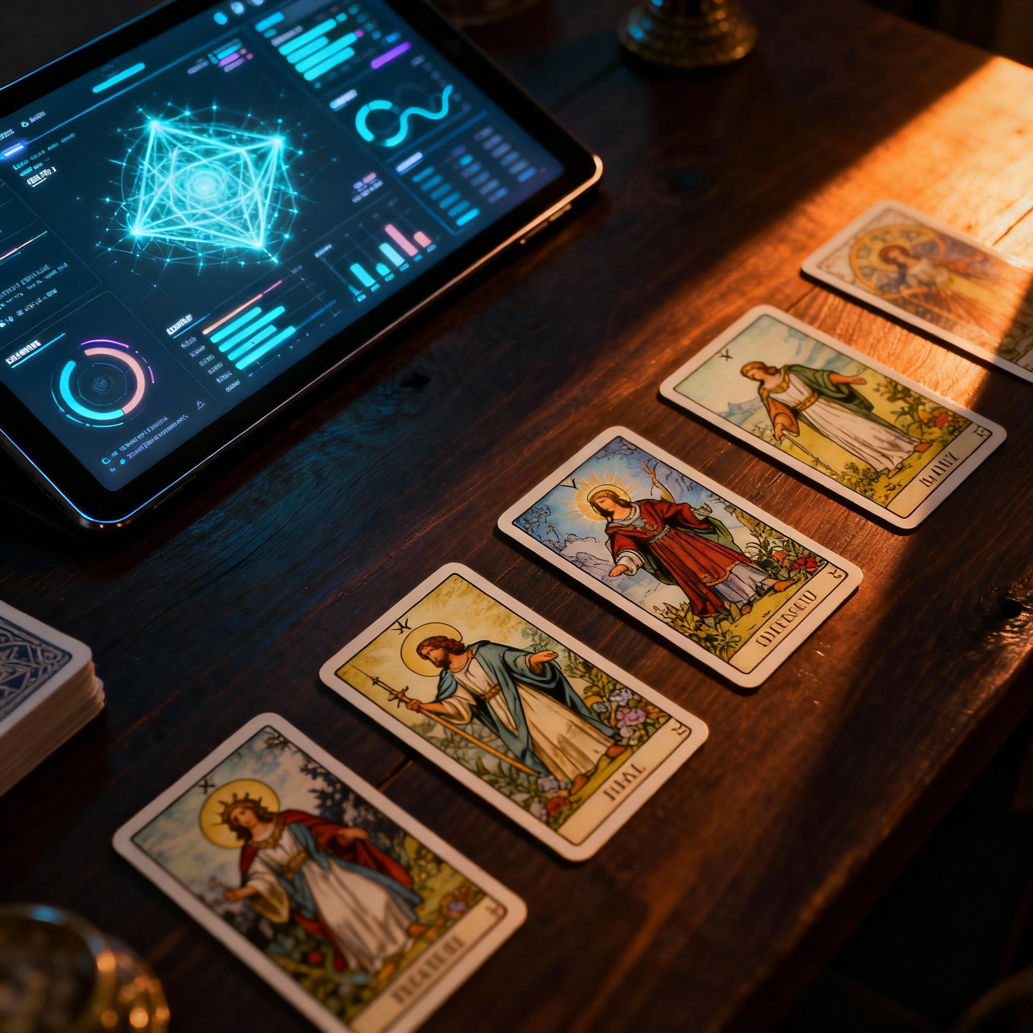 A top-down view of a desk with a tablet displaying data charts alongside several tarot cards, symbolizing the blend of data analysis with traditional intuitive tools.