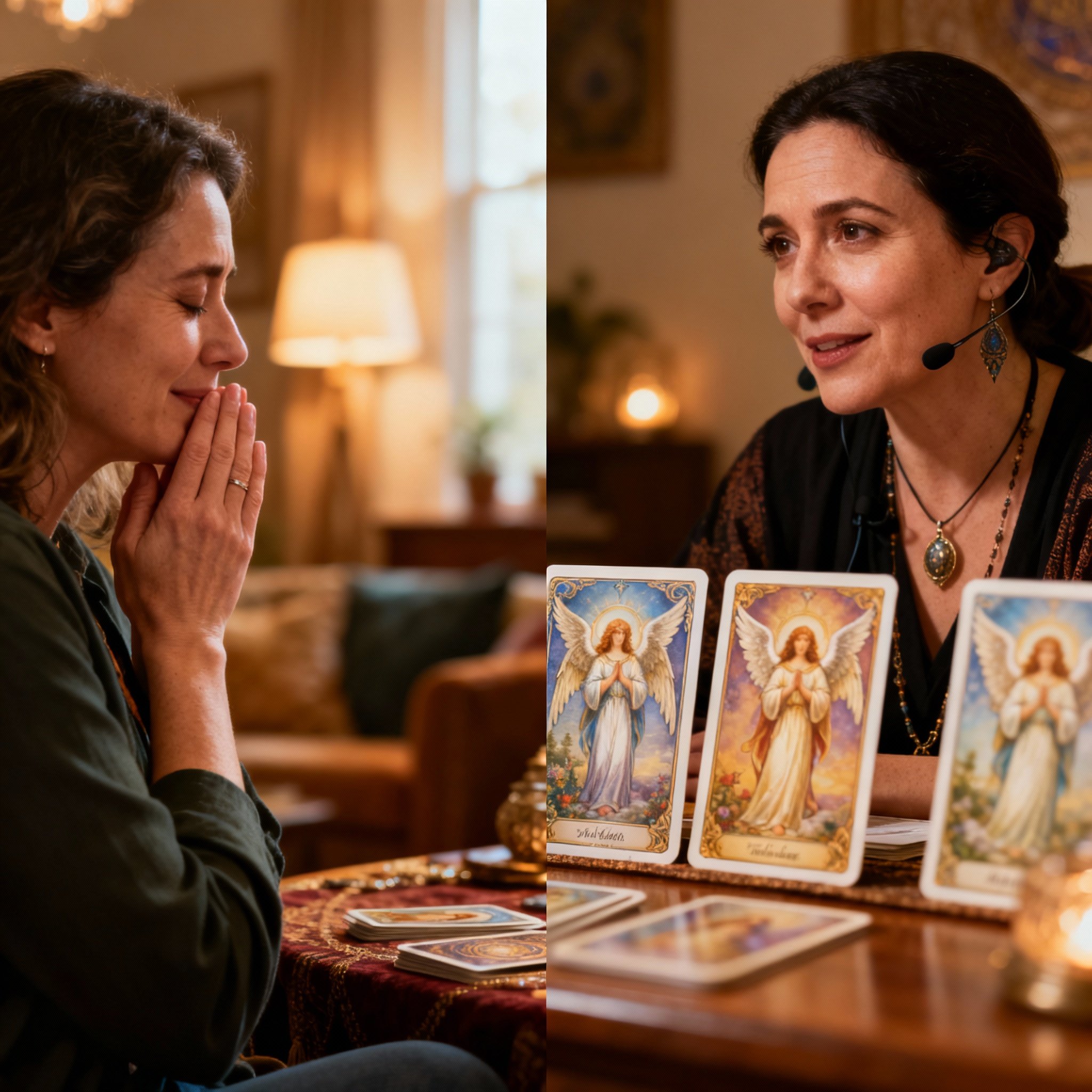 An online consultation scene, presented in a split-screen view. On the left is the psychic, listening attentively; on the right is the client, showing a moment of realization or relief. A few tarot cards are subtly visible on the table, but the focus is on the genuine emotional connection between them.