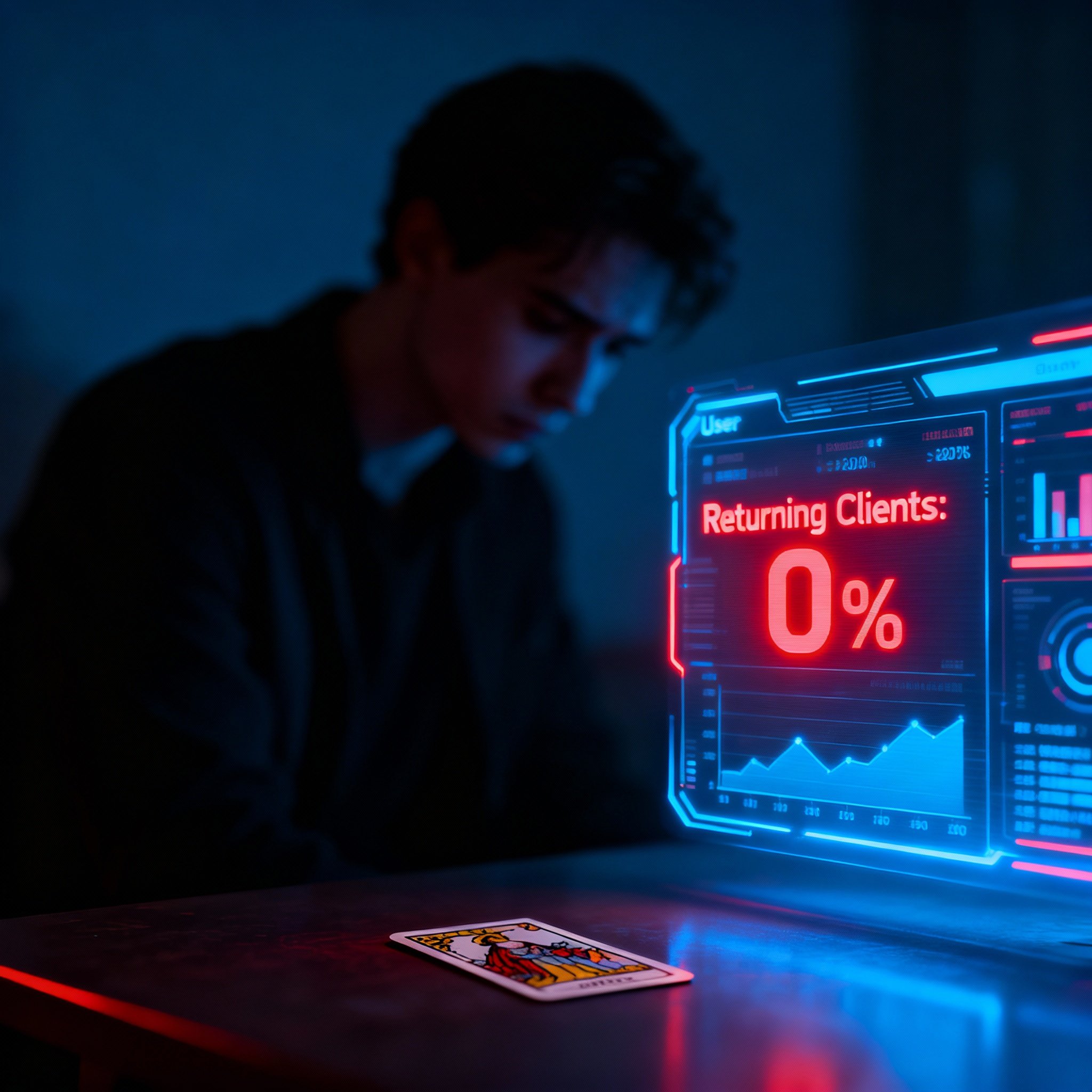 A conceptual image featuring a glowing digital dashboard in the foreground, prominently displaying the metric 'Returning Clients: 0%' highlighted in red. In the background, the blurred silhouette of a disappointed user is contrasted with a tarot card, symbolizing the fundamental conflict between the user's expectation (no tools) and the reality (card reading).