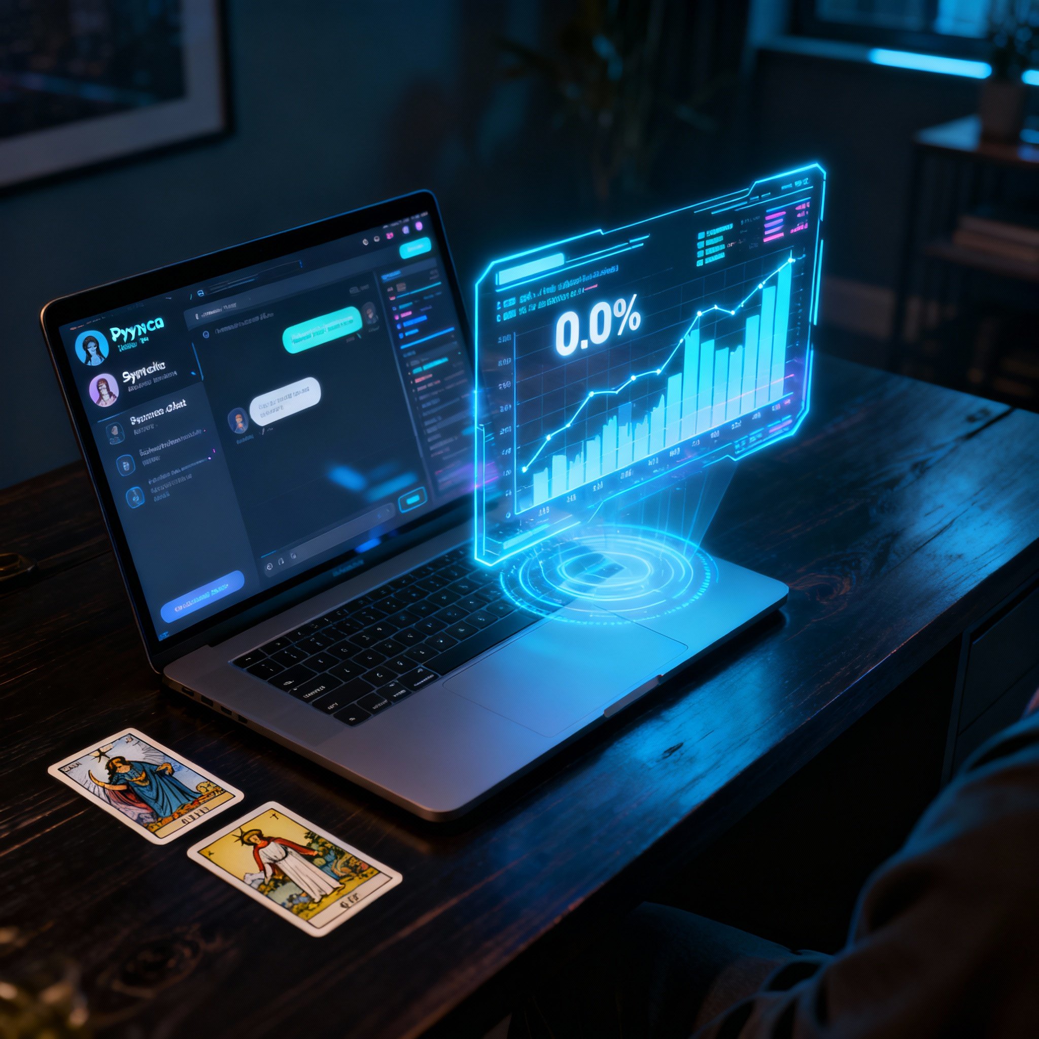 A user's point-of-view of a laptop on a desk displaying a psychic chat interface, with Tarot cards scattered beside it. A glowing 3D data chart hovers in the air, visualizing key user retention metrics.