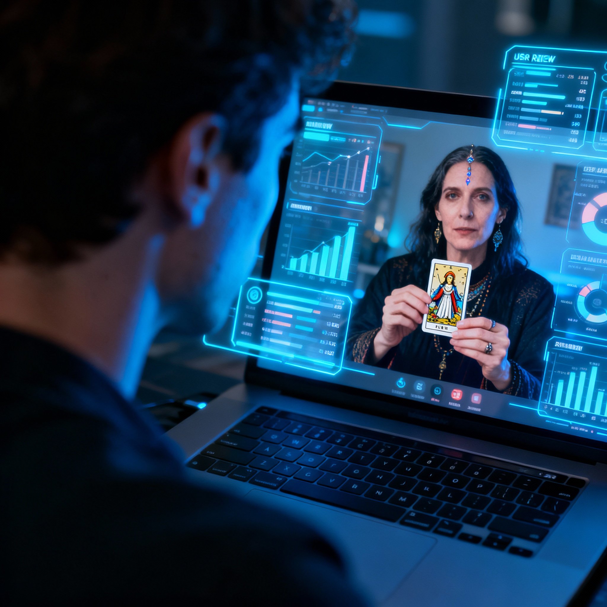 A person on a video call with a psychic who is showing a tarot card, with holographic charts representing data analysis floating around the screen, symbolizing insight.
