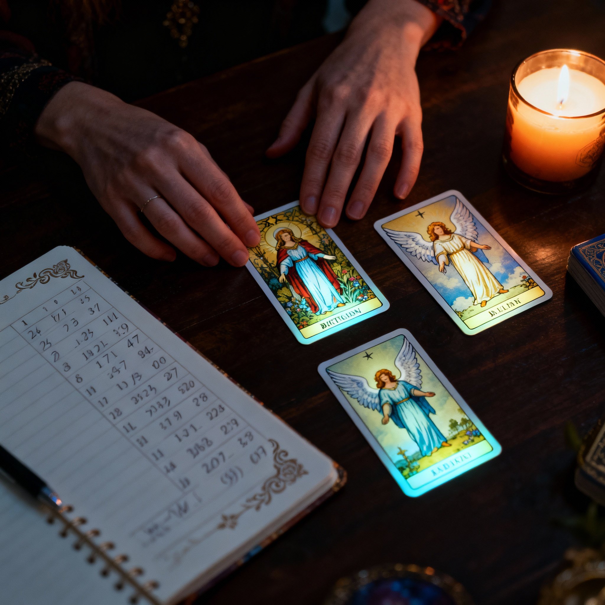 An overhead view of a psychic's hands gracefully spreading Tarot cards and Angel Oracle cards on a wooden table. An open notebook with elegant numerology calculations is placed alongside. Warm candlelight illuminates the intricate details and symbols on the cards, creating an atmosphere of focus, depth, and revelation.