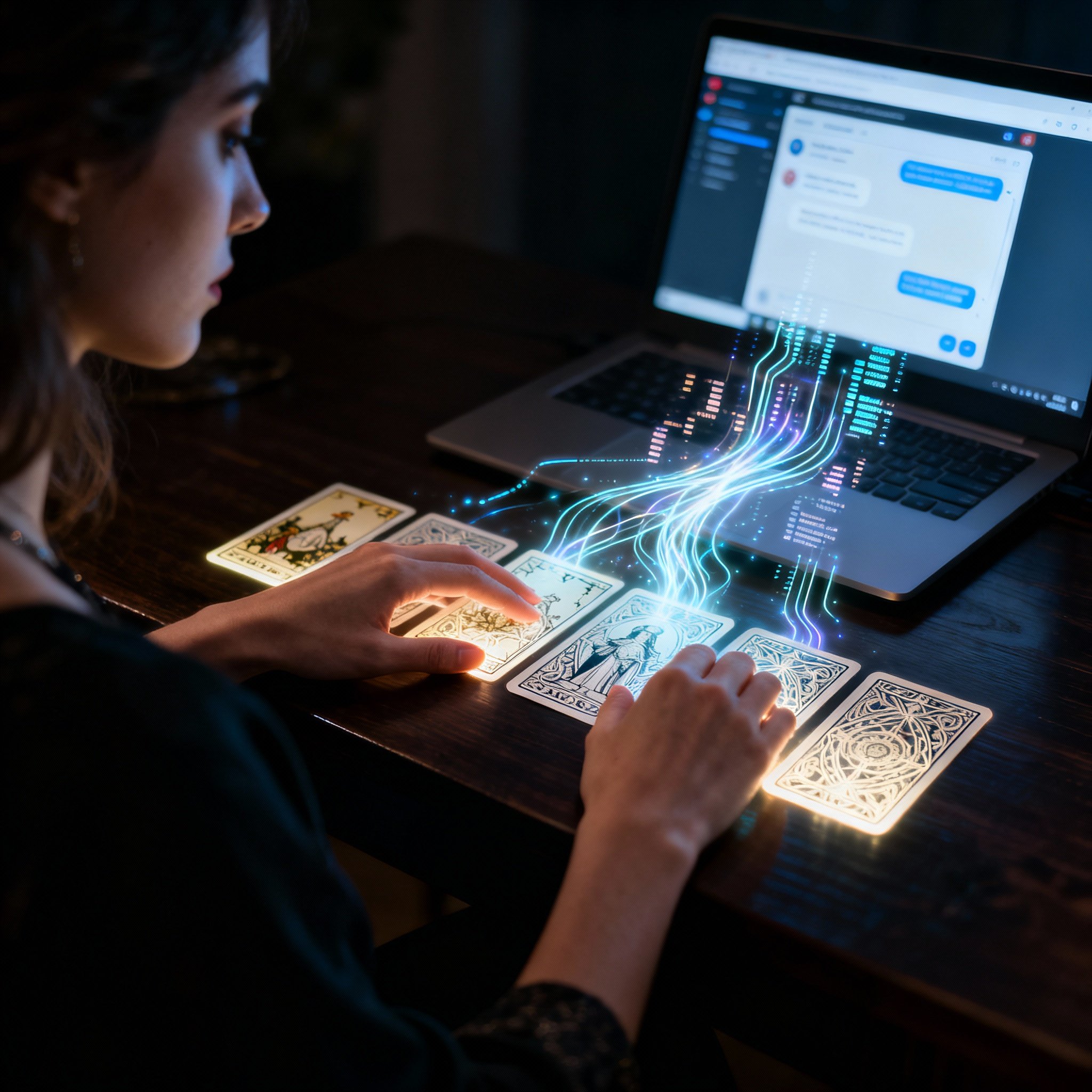 An image illustrating a psychic's reading process, focusing on hands laying out glowing tarot cards on a table. In the background, a blurred laptop screen shows a chat interface, with abstract streams of data light connecting from the screen to the cards, symbolizing the fusion of intuition and information.