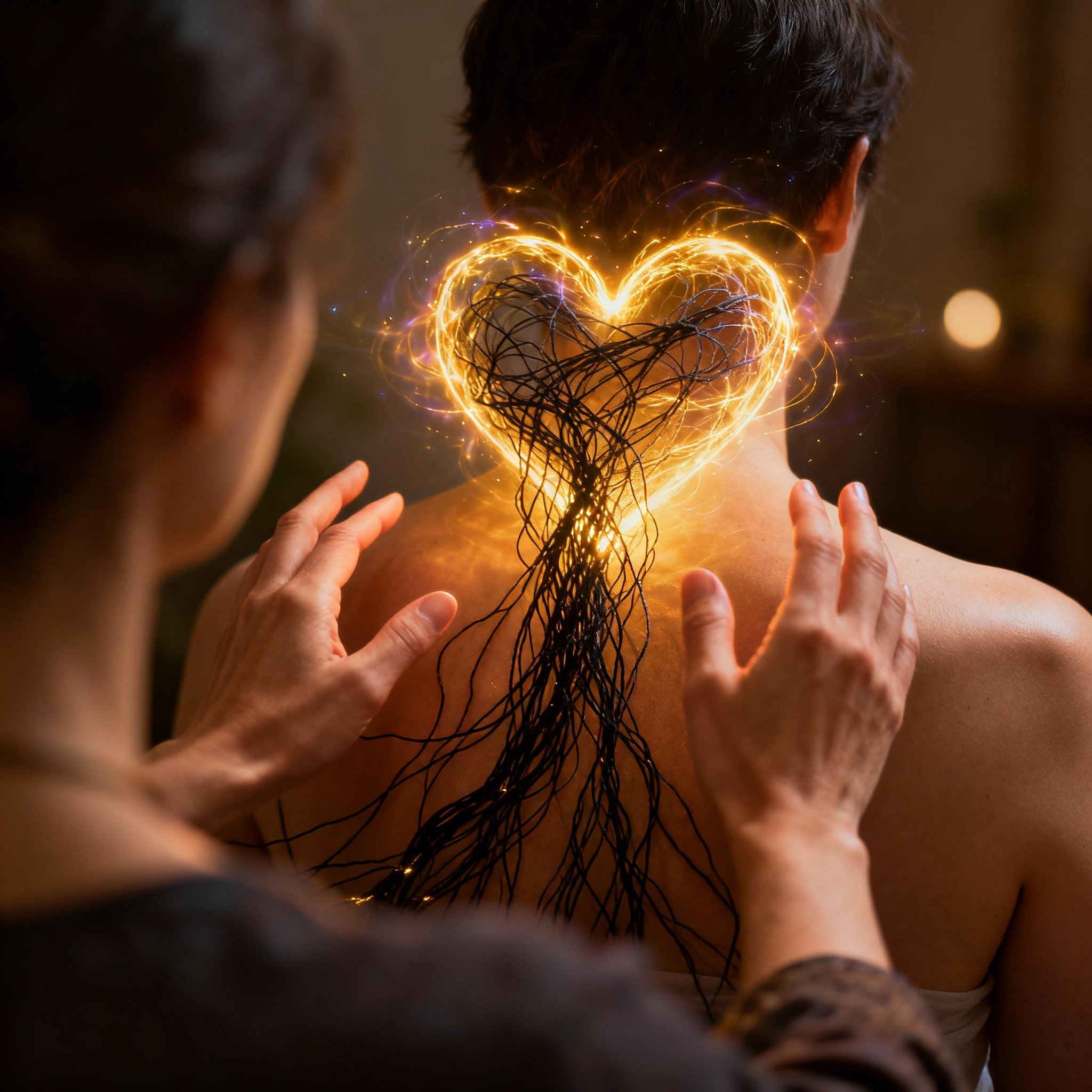 An artistic representation of a consultation, where a psychic's hands hover gently over a glowing energy field representing a client's heart chakra, symbolizing ongoing energy healing and emotional insight.