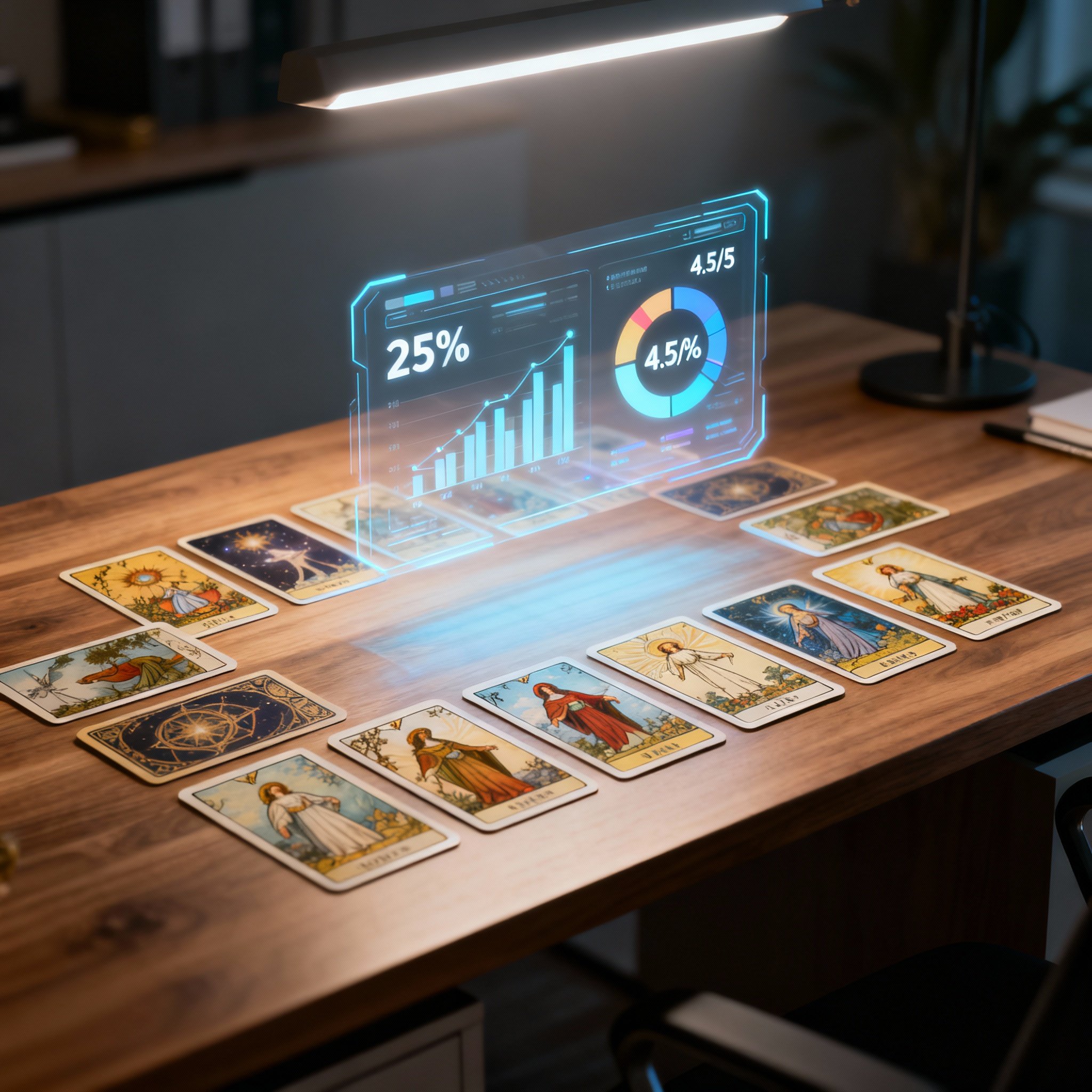 An image showing a consultation in progress, with tarot cards spread on a table, while glowing charts and data points (like '25%' and '4.5/5') float in the air, symbolizing Psychic Melody's combination of intuitive reading with data analysis.