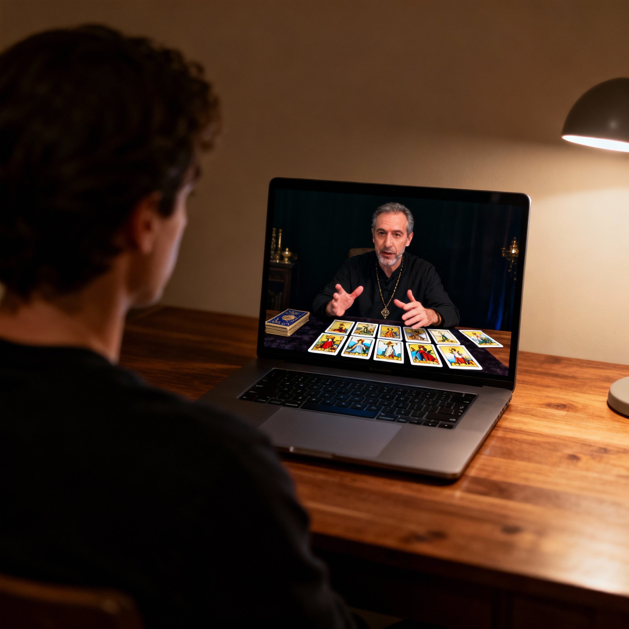 An over-the-shoulder view of a person looking at a laptop screen during a video consultation. On the screen, the psychic Colin is interpreting Tarot cards laid out before him, focusing on the interactive moment of delivering clarity.
