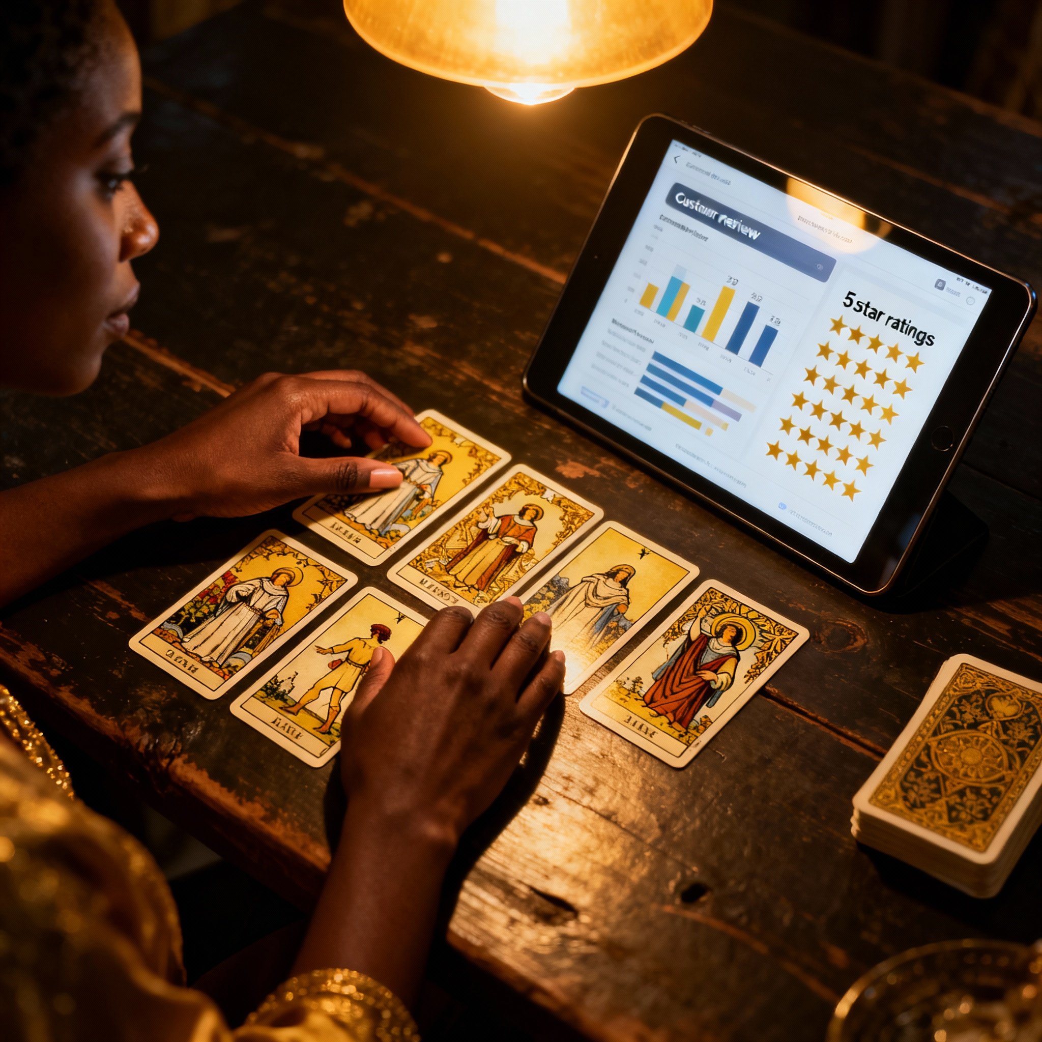 An overhead shot of hands gracefully laying out Tarot cards on a dark wooden table, next to a tablet displaying positive user reviews and a five-star rating chart, symbolizing the fusion of traditional wisdom and modern validation.