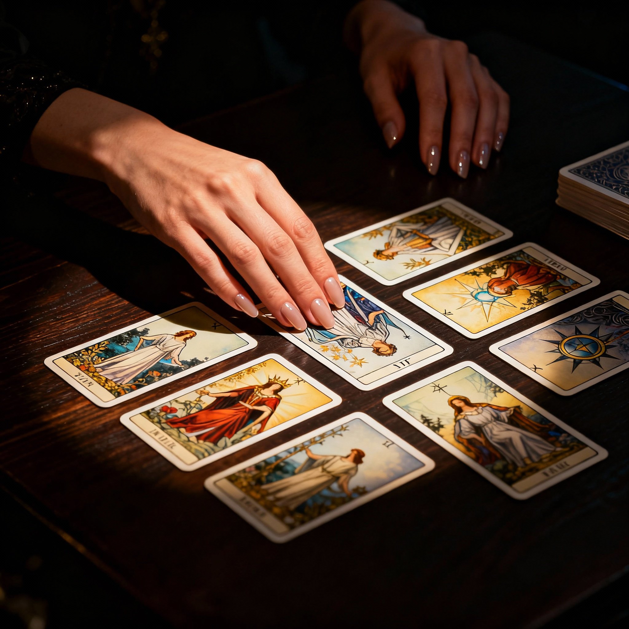 An overhead close-up shot of a pair of elegant hands interpreting a beautifully designed, modern tarot card spread on a wooden table. The light is focused on the cards, symbolizing clarity and revelation.