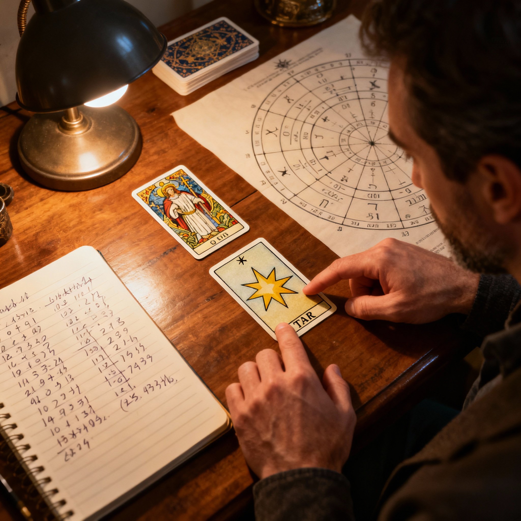 A desk with a spread of Tarot cards, an astrological chart, and numerology notes. A pair of hands points towards one of the cards, symbolizing a moment of deep insight gained through analysis and intuition.