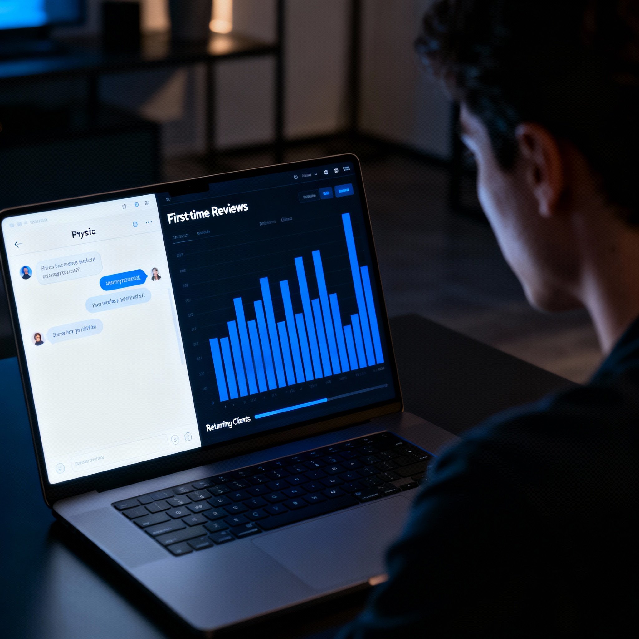 A user analyzes data on a computer screen, showing a psychic's chat interface alongside a bar chart for client loyalty, highlighting the conflict between high ratings and a very low return rate.