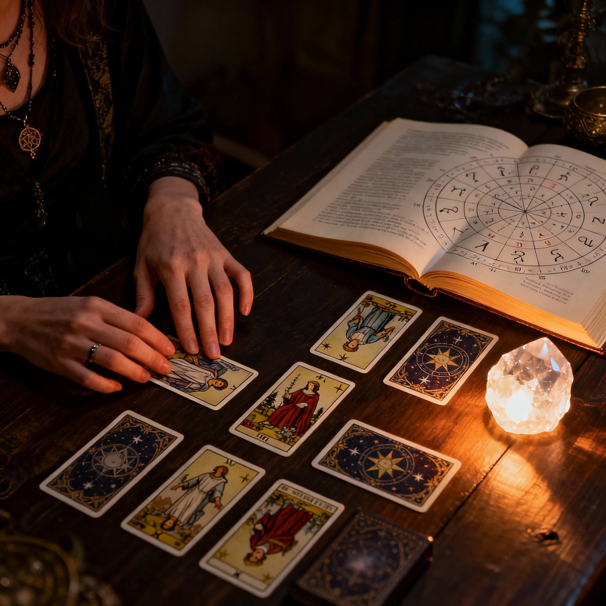 An overhead view of a table with tarot cards, a glowing crystal, and an astrological birth chart. A pair of focused hands points towards the cards, with light concentrating on these mystical tools, symbolizing a deep reading process.