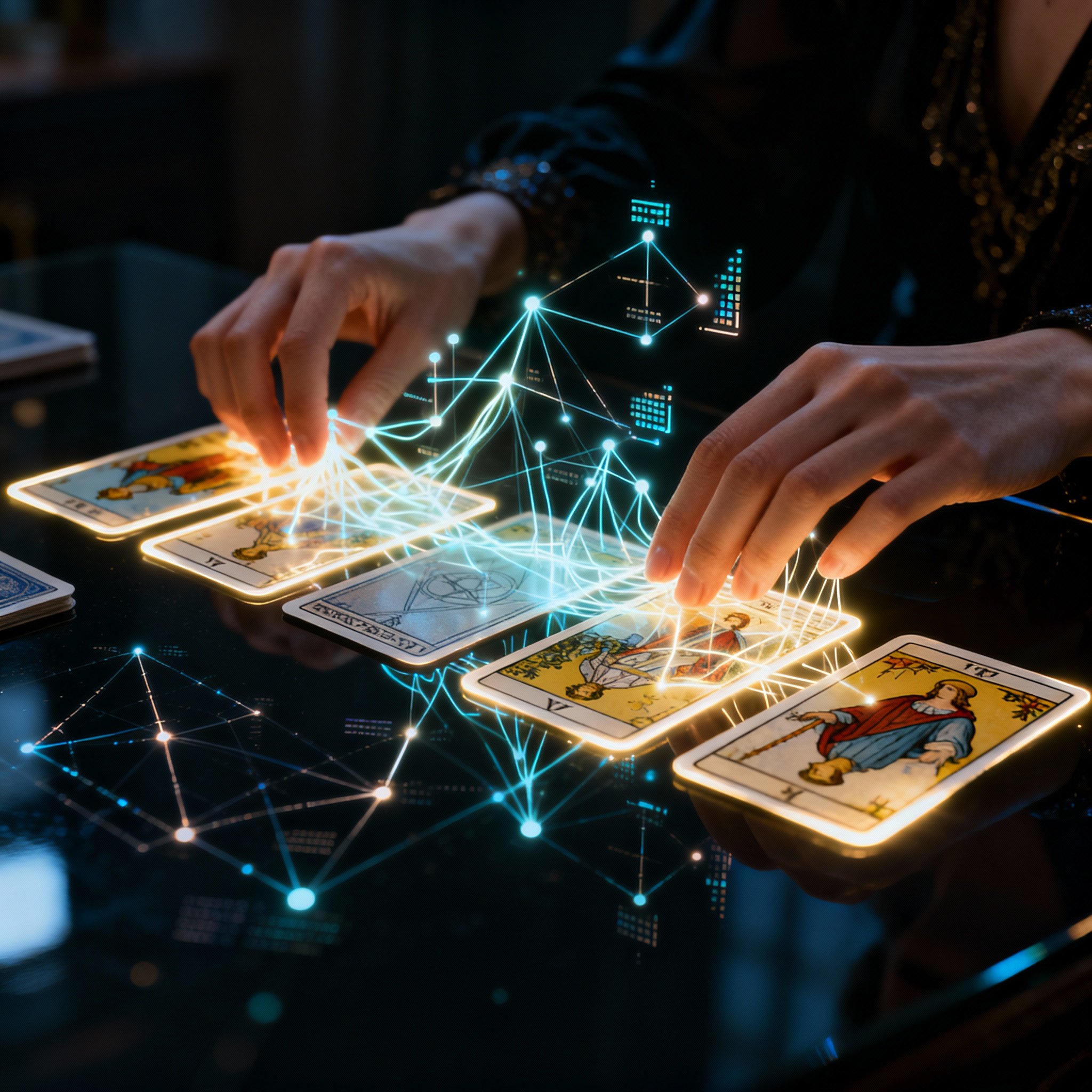 A close-up of hands interpreting Tarot cards. Abstract data streams and connection lines emerge from the glowing cards, symbolizing the psychic's fast and precise insights, blending intuition with analysis.