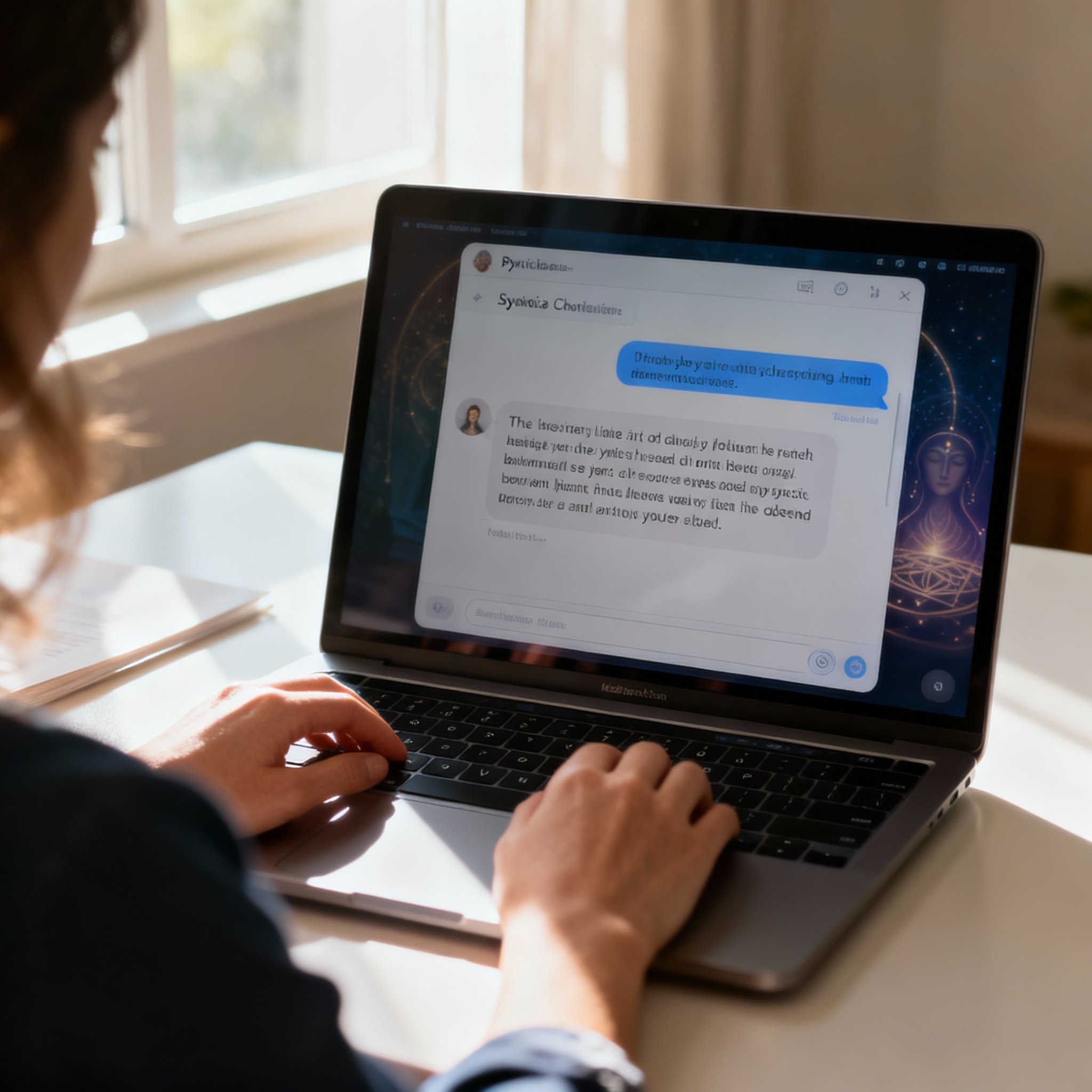A client's point-of-view shot of a laptop screen showing an online chat interface with a psychic. The text on the screen is clear and insightful. The client's hands are on the keyboard, their posture relaxed after being tense. Light from a window illuminates the desk, symbolizing the clarity and hope gained from the consultation.