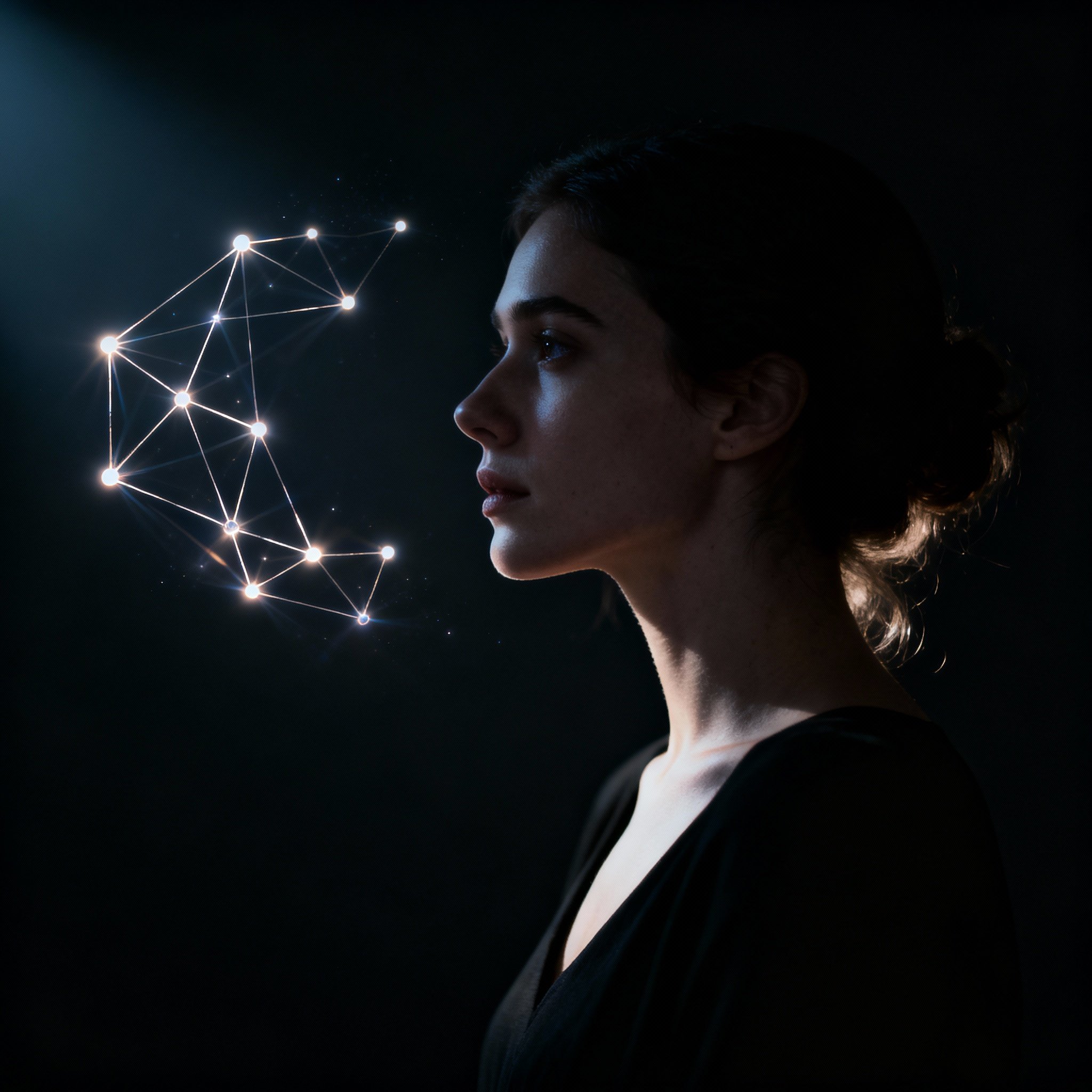 A psychic advisor in profile, deep in thought, surrounded by abstract glowing energy lines representing emotions and life paths, symbolizing an intuitive connection without tools.