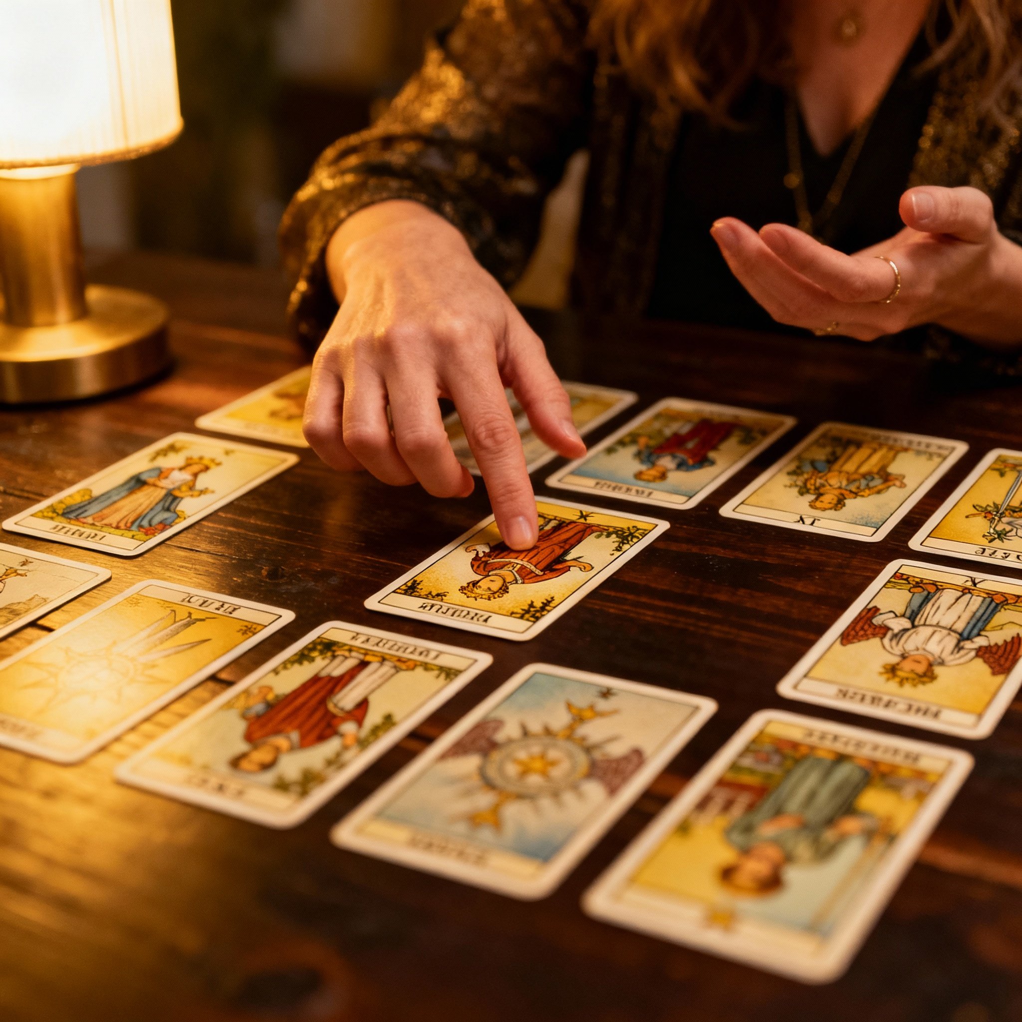 An over-the-shoulder view of KT Hernandez, who is intently interpreting a spread of tarot cards. Her hands gesture gently as she explains the cards' meanings to a client, in a scene filled with insight and a sense of safety.